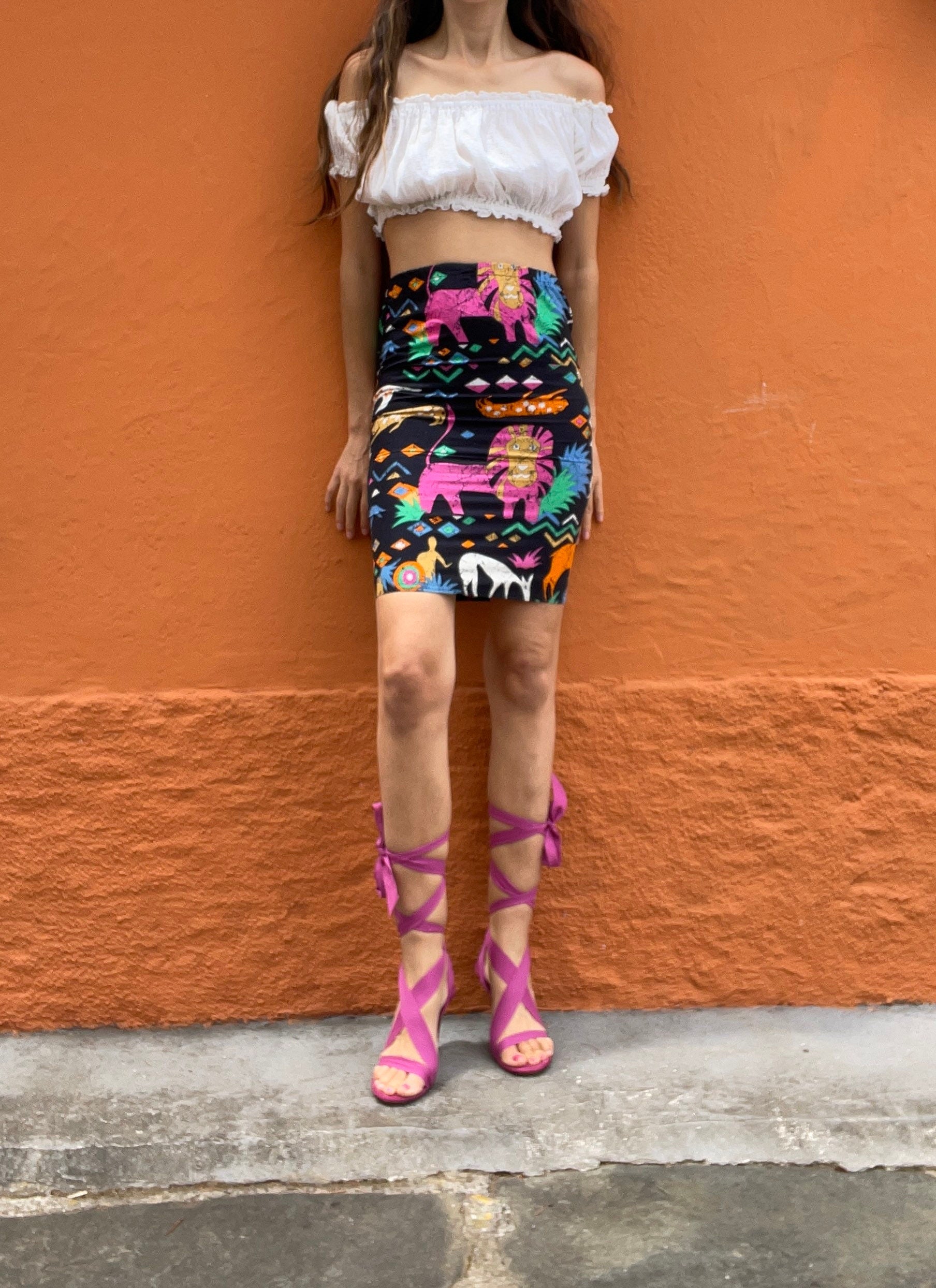 Ethnographic colourful short skirt, Handmade cheerful summer skirt with playful print, African cotton clothing, Aztec retro mini skirt