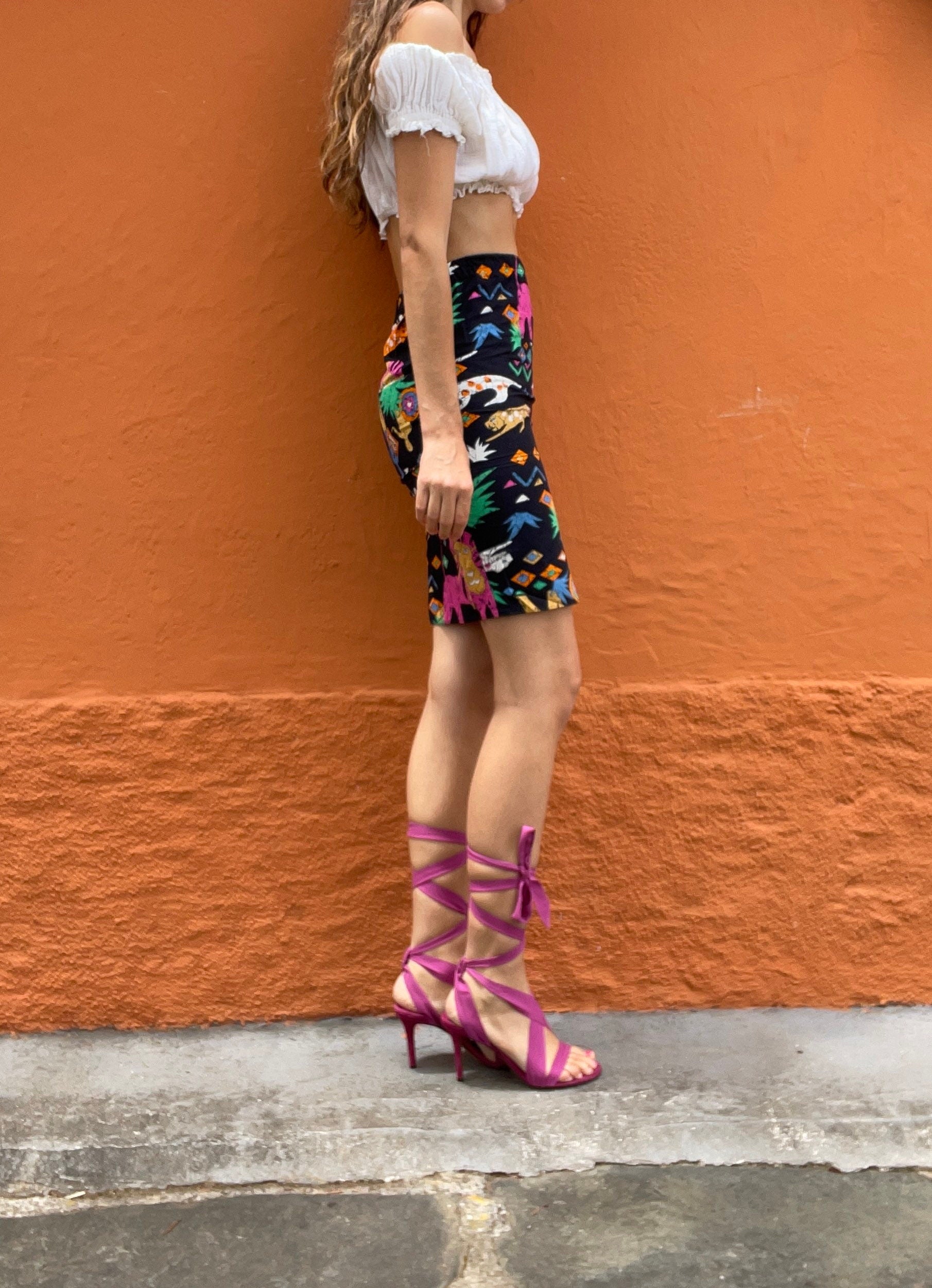 Ethnographic colourful short skirt, Handmade cheerful summer skirt with playful print, African cotton clothing, Aztec retro mini skirt