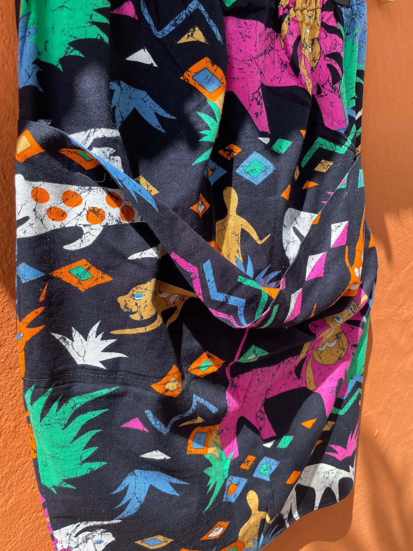 Ethnographic colourful short skirt, Handmade cheerful summer skirt with playful print, African cotton clothing, Aztec retro mini skirt