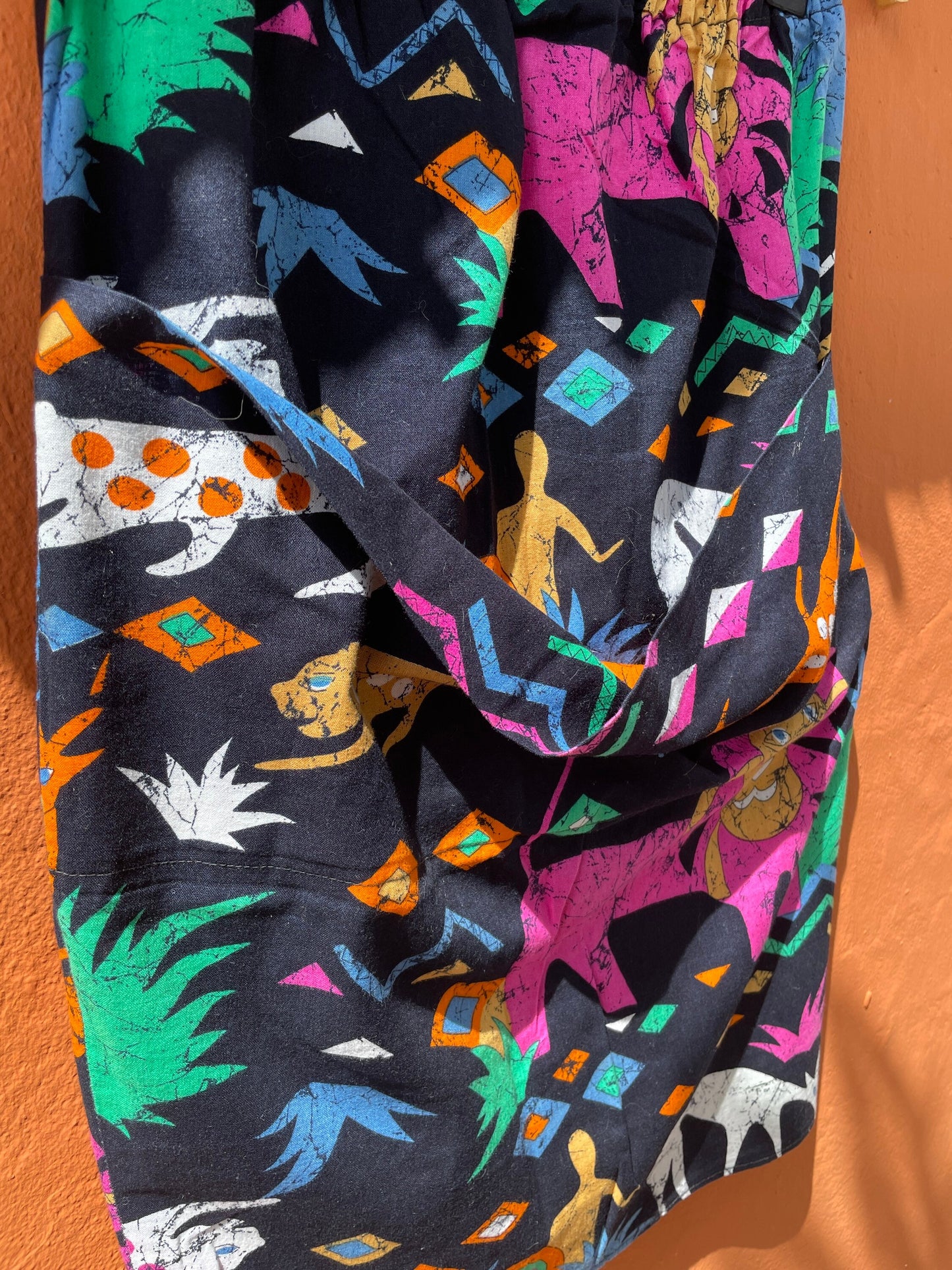 Ethnographic colourful short skirt, Handmade cheerful summer skirt with playful print, African cotton clothing, Aztec retro mini skirt