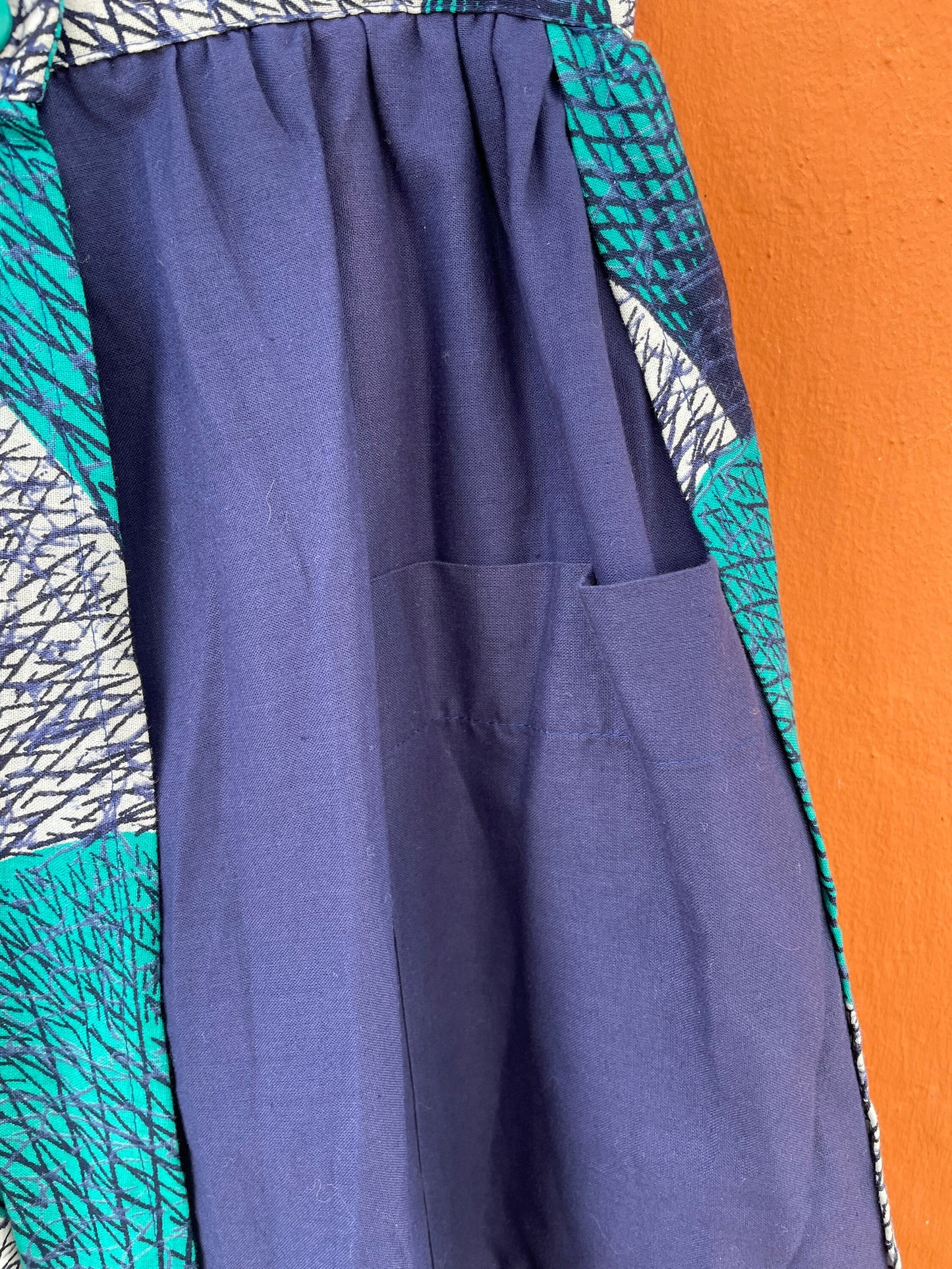 Vintage Francois Lagrange woman skirt, African style summer skirt, Blue and white midi skirt, 60s High waist colourful pring skirt,