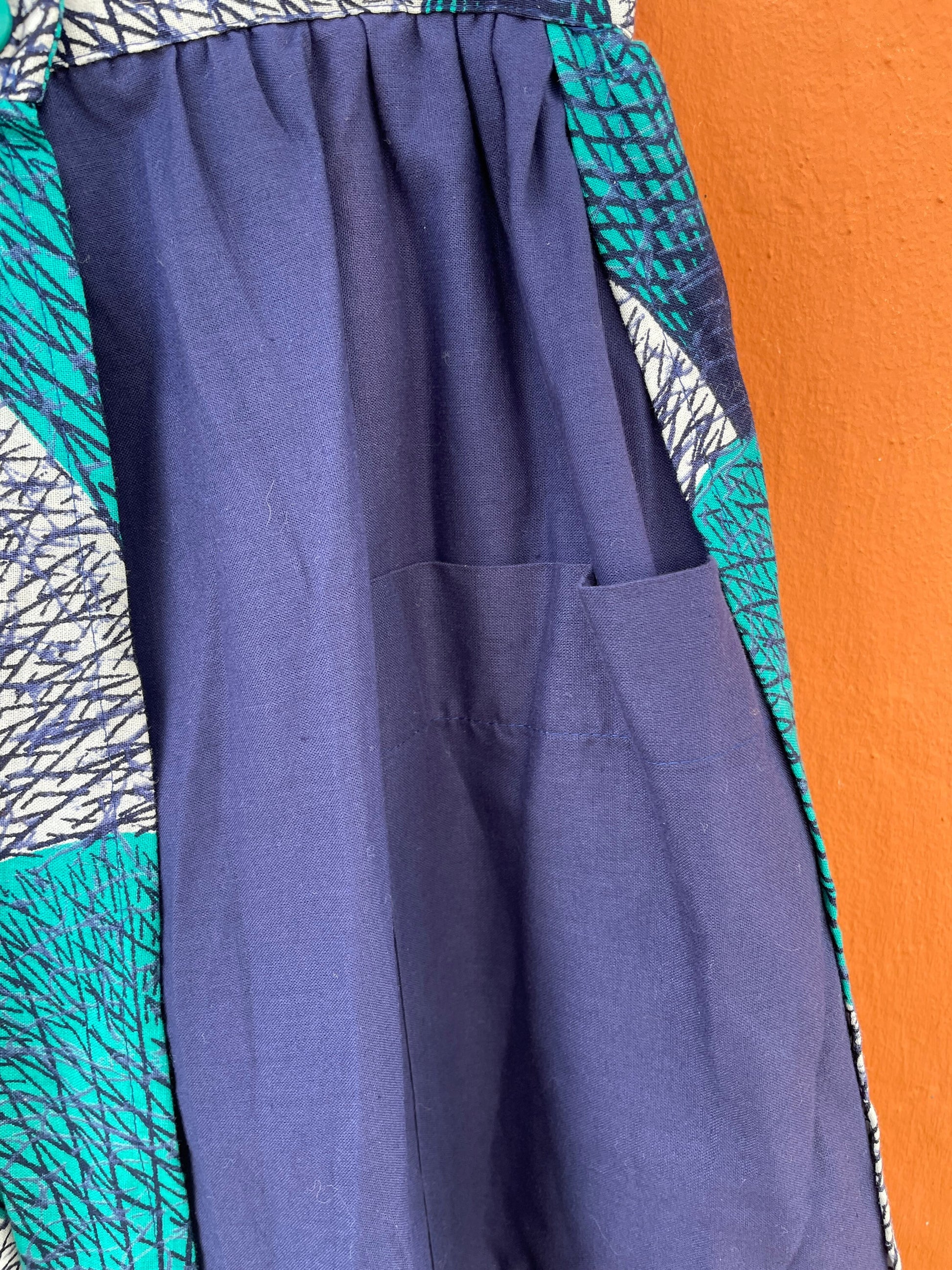 Vintage Francois Lagrange woman skirt, African style summer skirt, Blue and white midi skirt, 60s High waist colourful pring skirt,