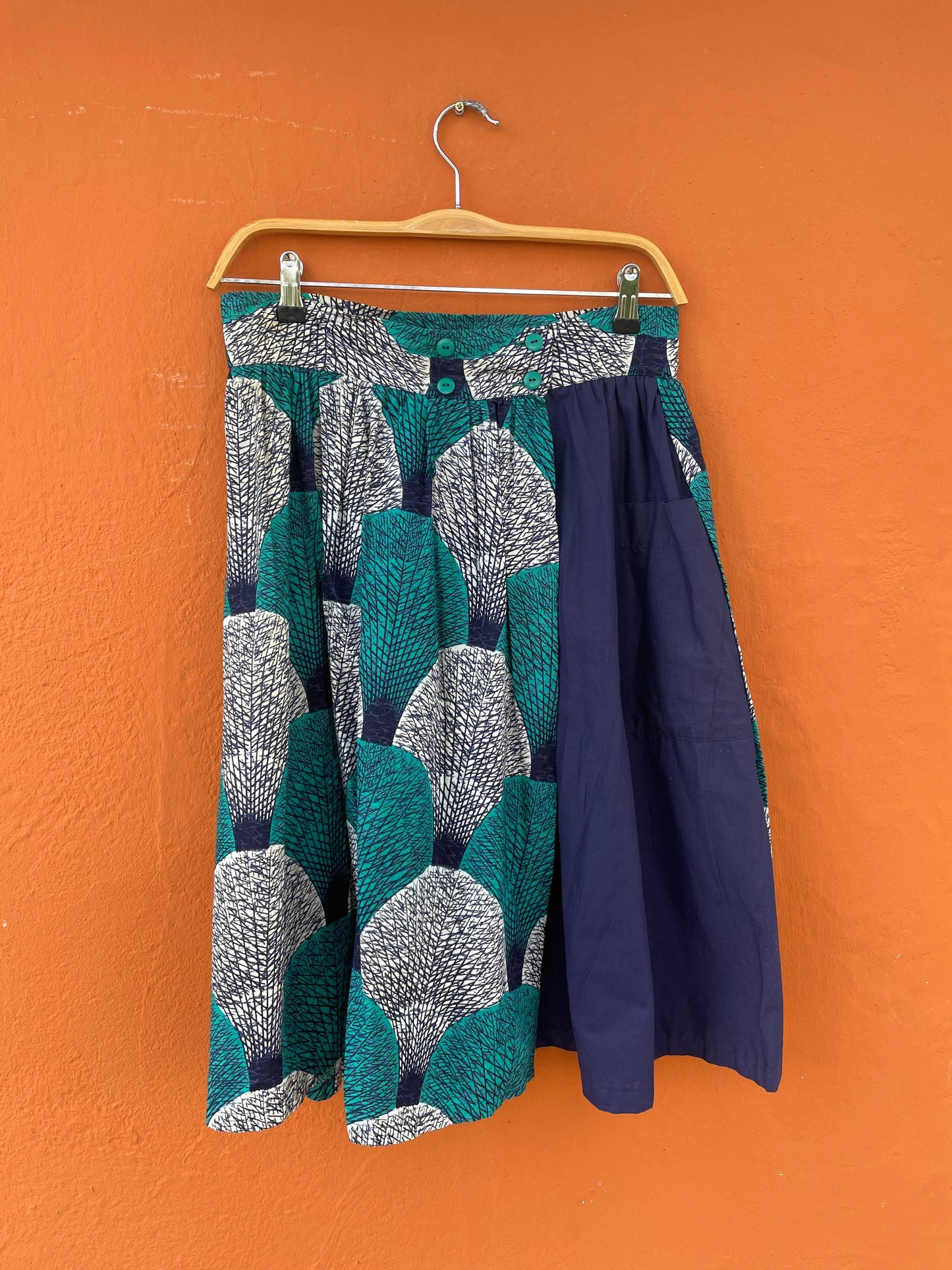 Vintage Francois Lagrange woman skirt, African style summer skirt, Blue and white midi skirt, 60s High waist colourful pring skirt,