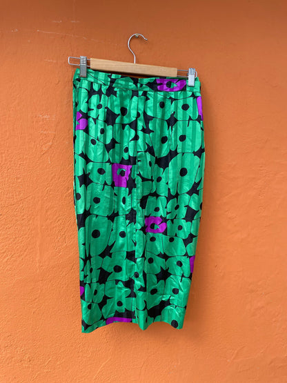Vintage Floral Wrap Skirt 80s Green Purple Boho Midi