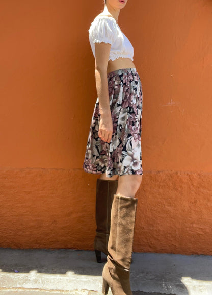 Black Floral Vintage Midi Skirt Pleated Y2K Boho Style