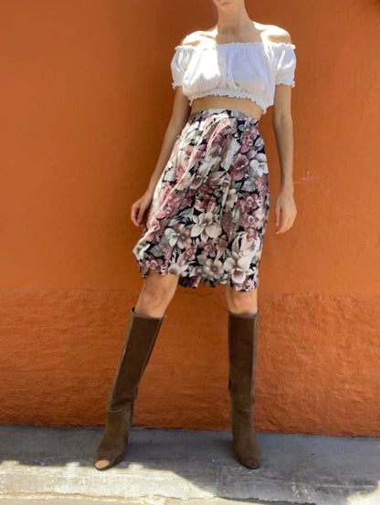 Black Floral Vintage Midi Skirt Pleated Y2K Boho Style