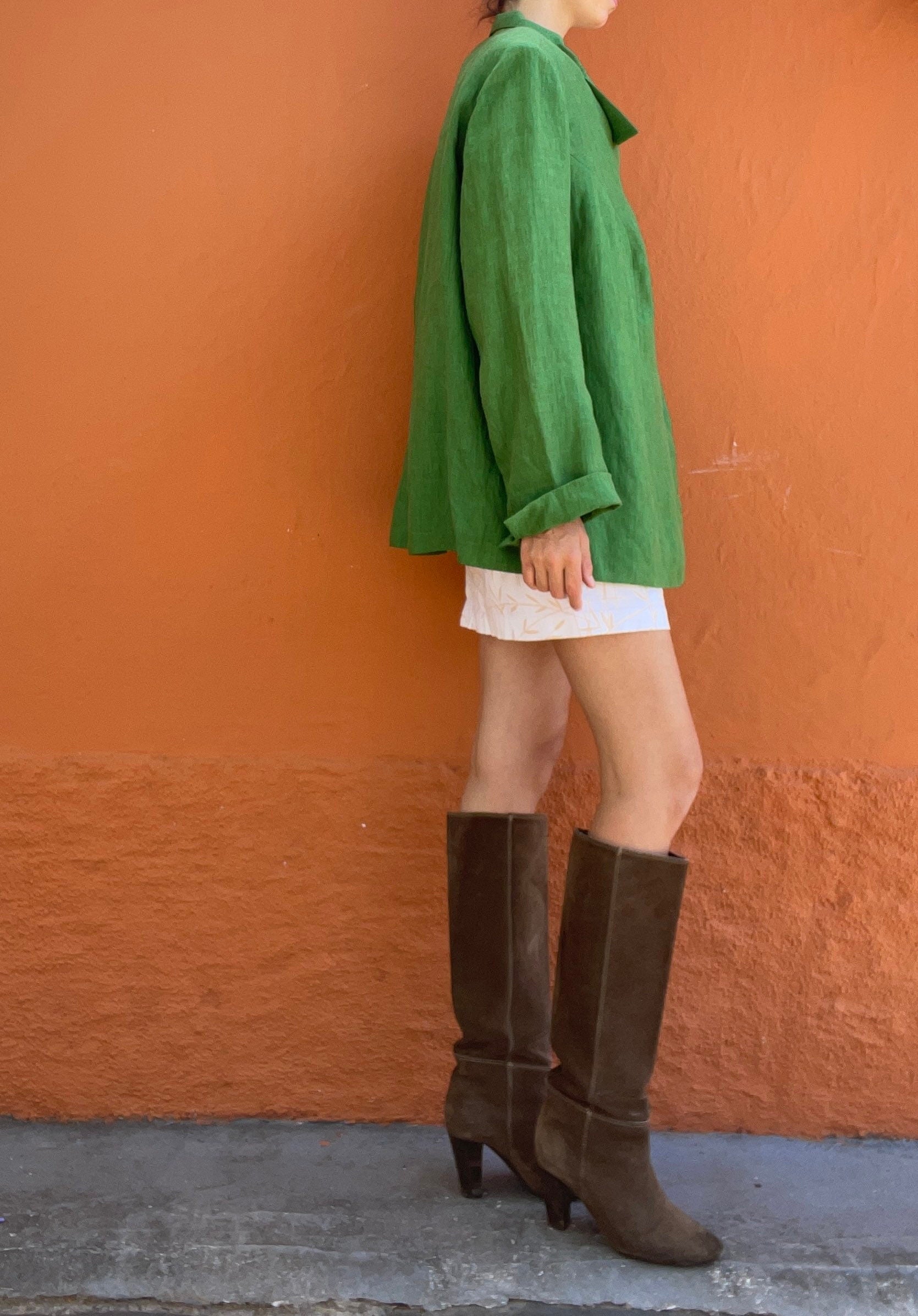 Vintage Emerald green linen blazer jacket, Berlin design feminine formal event wear, Classic design blazer