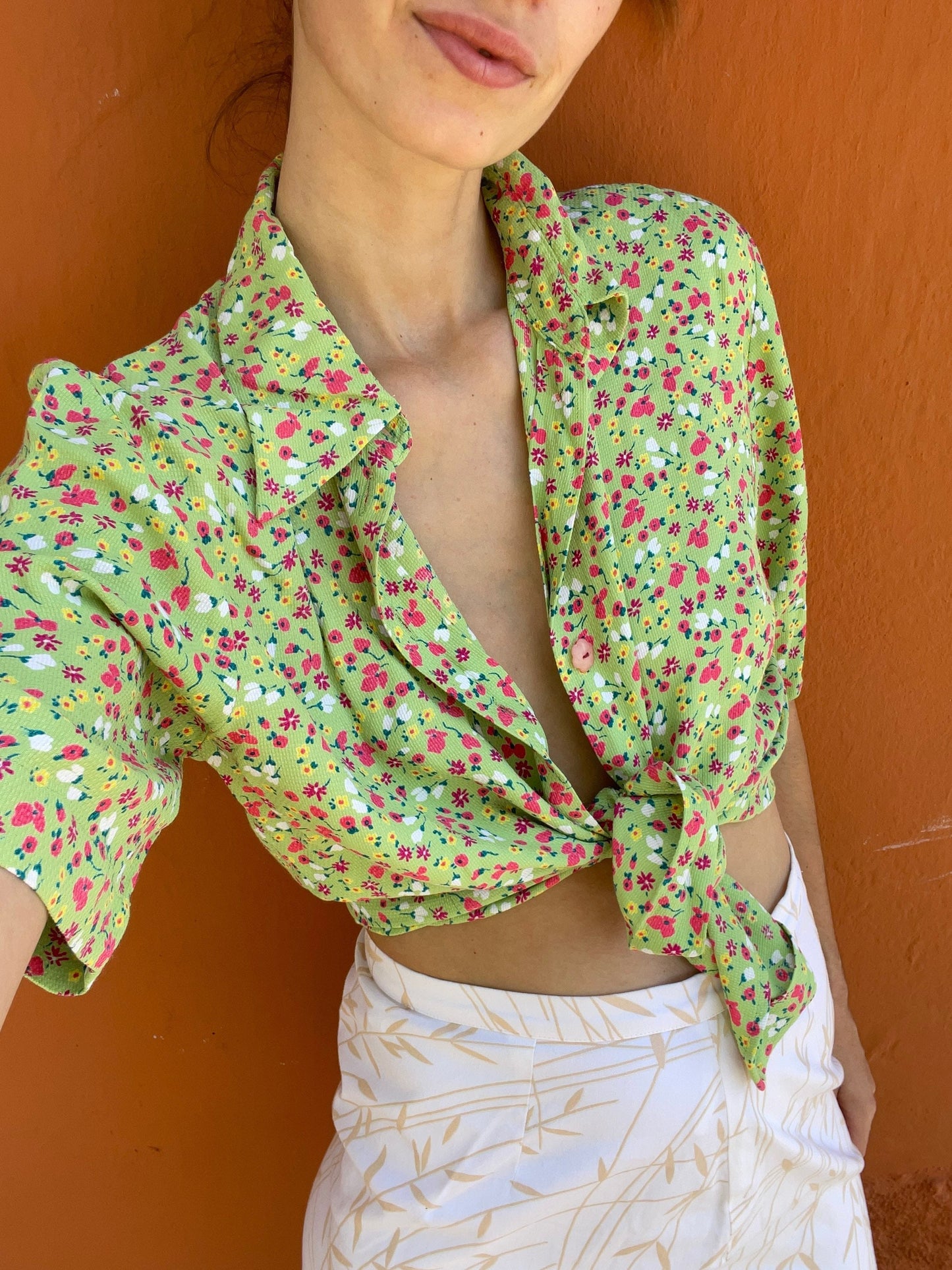 Vintage green flower top, Retro floral blouse, Cute summer shirt, Button-up oversized 70s blouse,