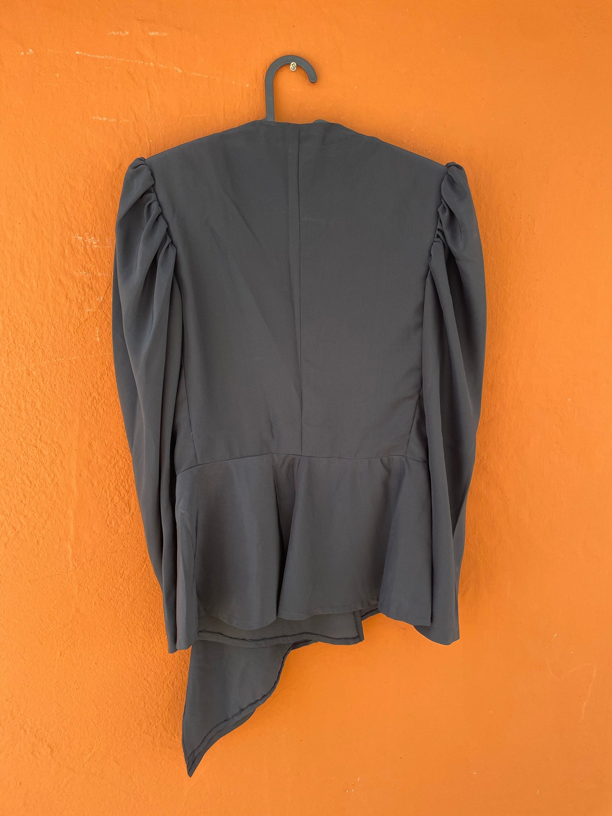 Elegant black vintage woman blouse, Formal cocktail top, 80s design clothing, Padded shoulder eye-catcher shirt, Deep v neck tunic