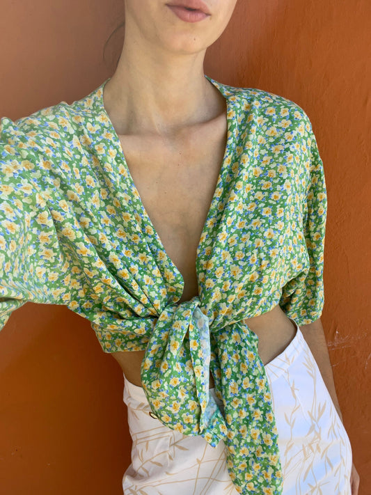 Lime green vintage bohemian blouse, Yellow floral blouse, Summer blouse, oversized summer shirt, Casual knot tie romantic top