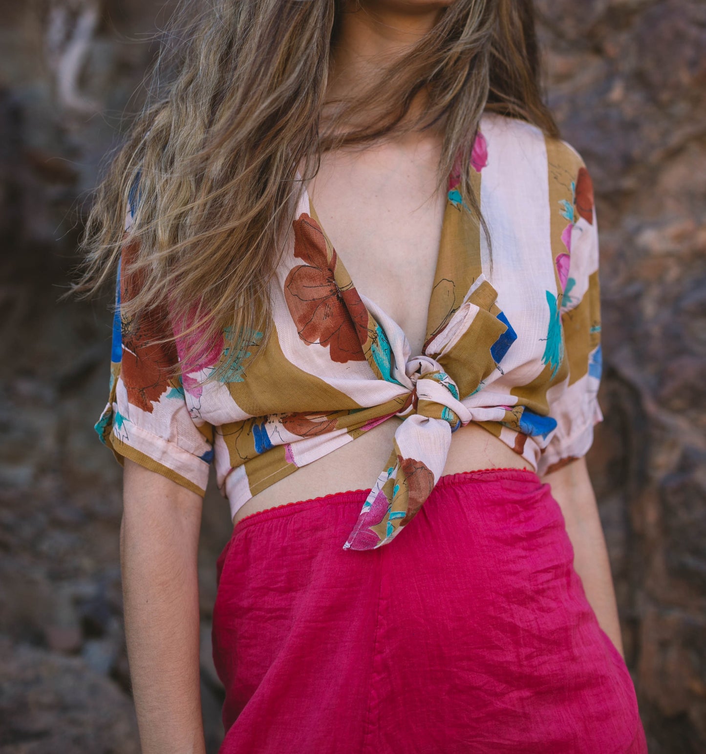 Vintage Angelo Mazzetti colourful blouse, Floral Loose oversized shirt, Knot tie women's blouse, Italian design 80's retro shirt, Summer tee