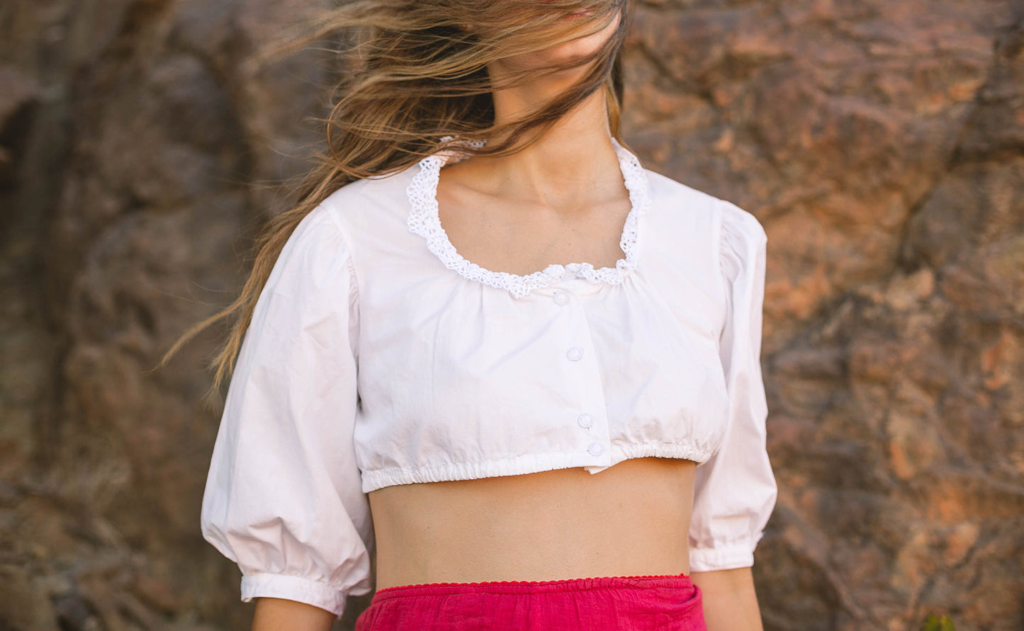 White cotton cropped blouse, Austrian romantic lace top, Antique blouse, Dirndl top, Cottage core top, Edwardian top, Vintage camisole,