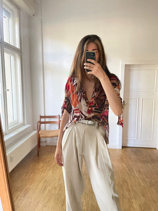 Vintage Safari Print Blouse – Button Down Shirt - Bold Animal Pattern Shirt with Dual-Side Buttons – 80s Statement Top – DE 42 / XL