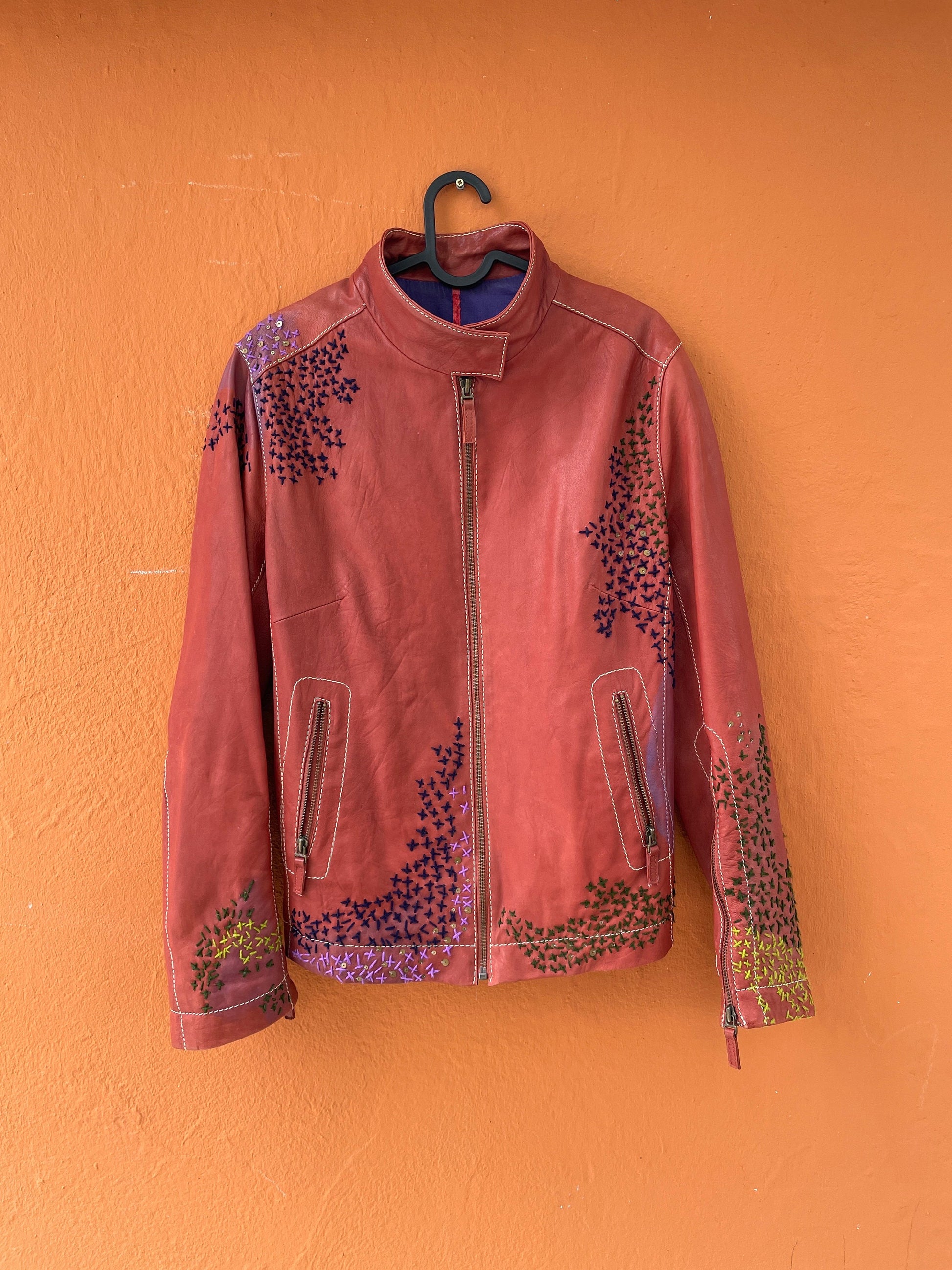 Red Leather Biker Jacket with Embroidery