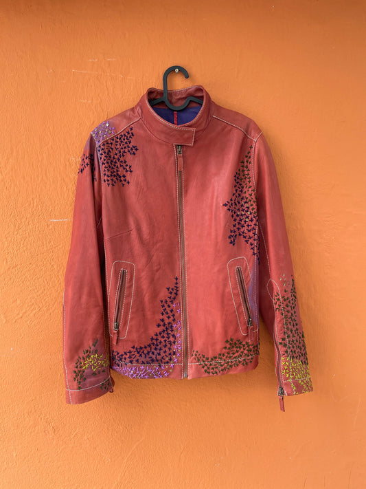 Red Leather Biker Jacket with Embroidery