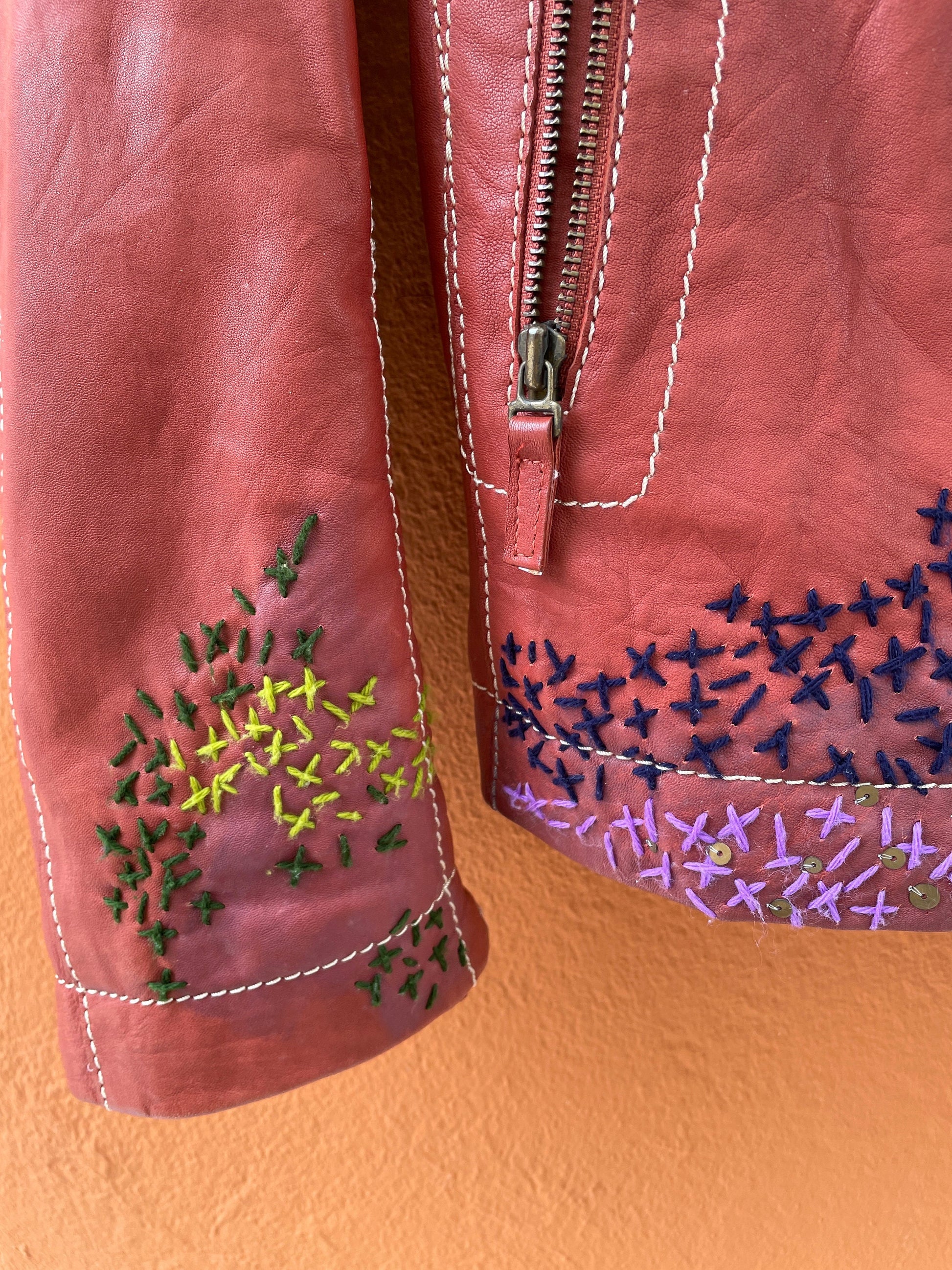 Red Leather Biker Jacket with Embroidery — additional view 8