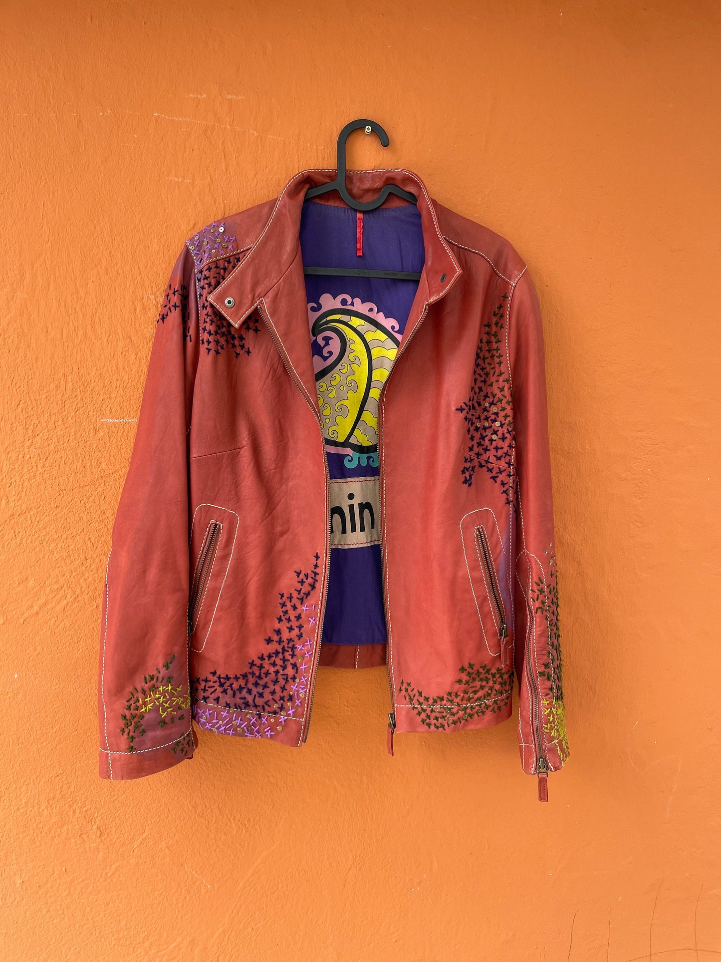 Red Leather Biker Jacket with Embroidery — detail