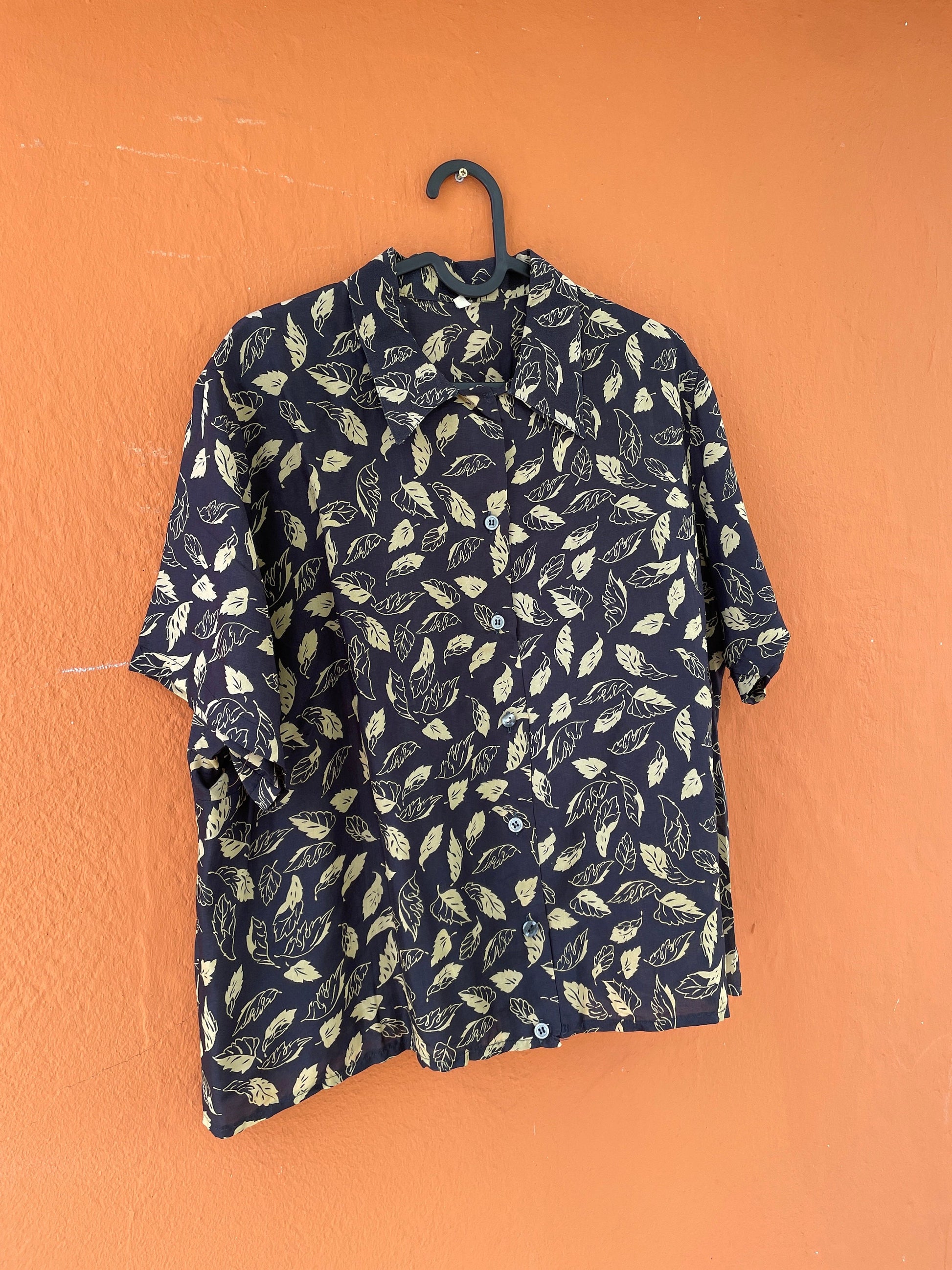 Vintage black patterned woman blouse, Collared retro shirt, Playful lightweight summer blouse, Retro 70s shirt