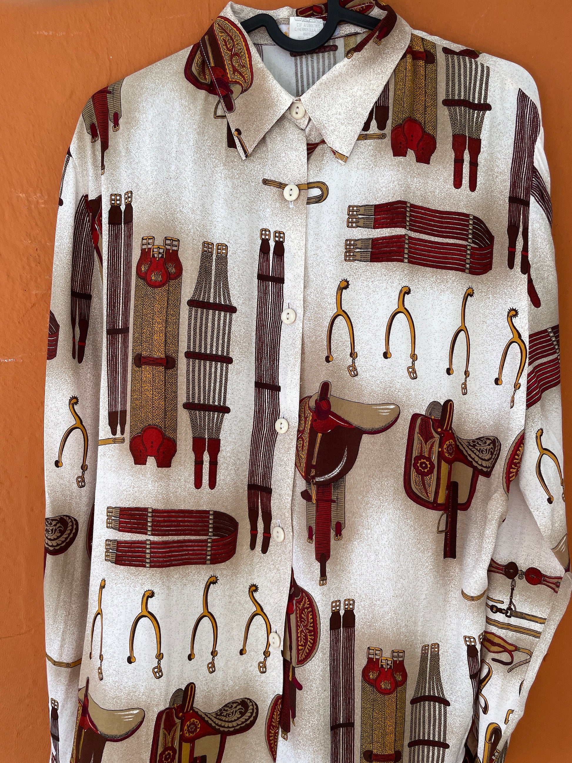 Vintage unique horse riding themed shirt, Chique club blouse, El Corte Ingles vintage woman oxford top, Horse lover birthday gift