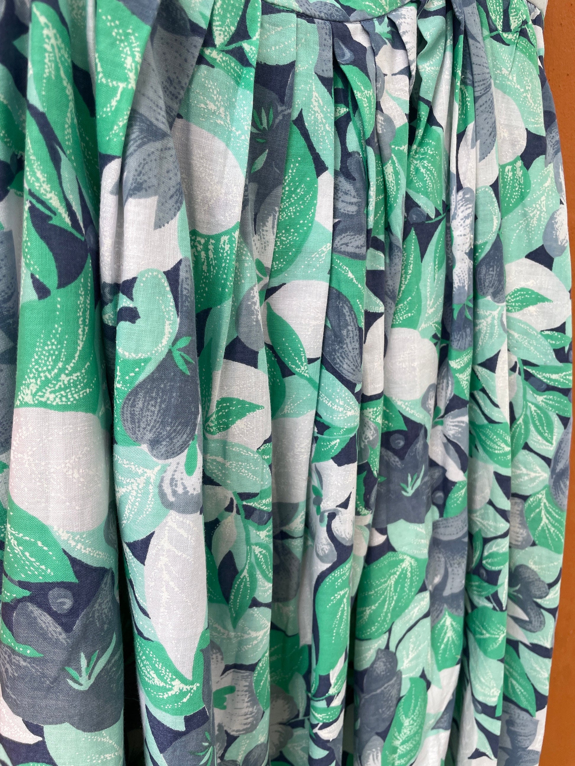 Vintage floral cotton midi skirt, Blue and green cottage core skirt, High rise summer outfit