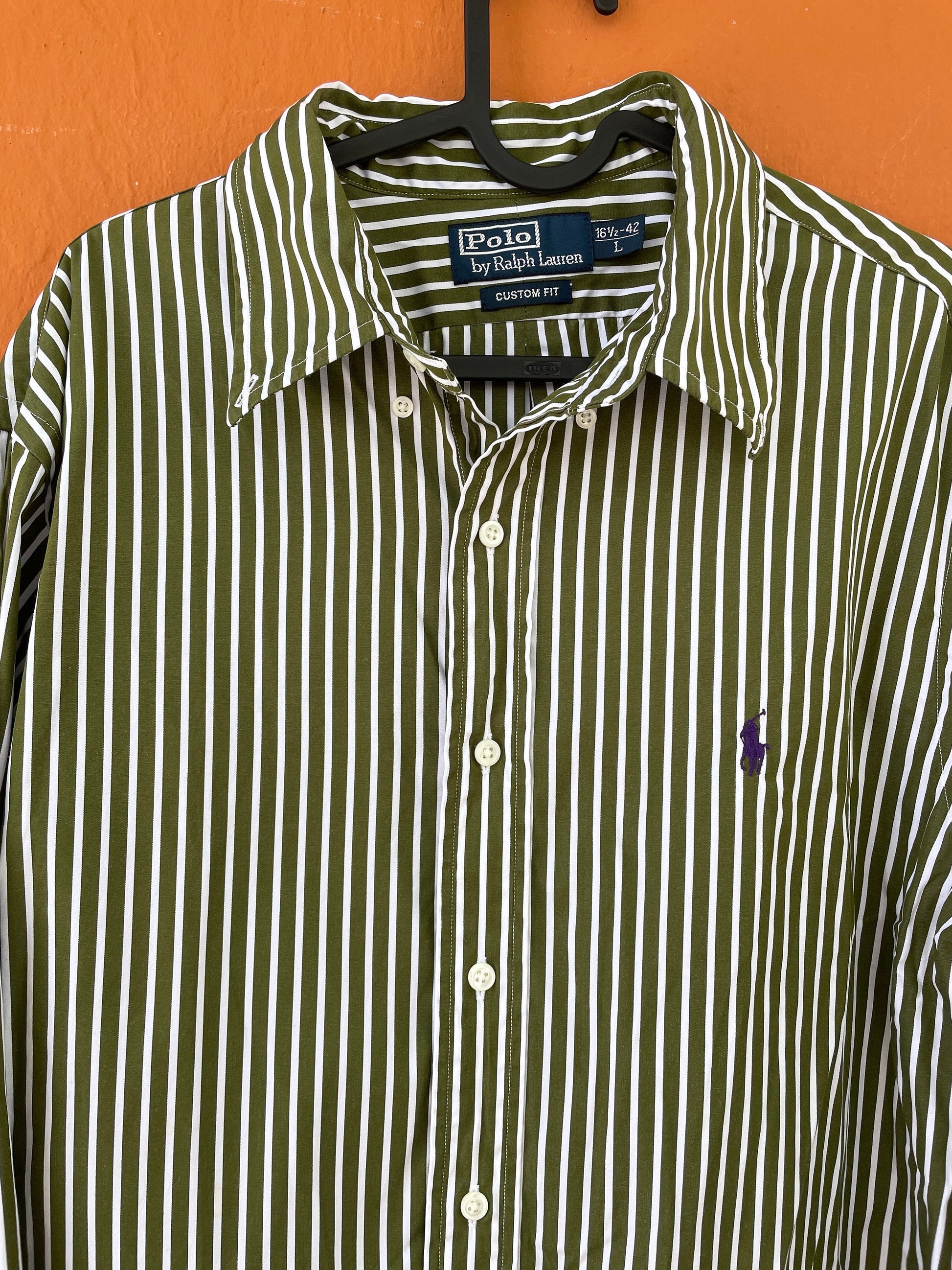 Classic green and white striped Polo by Ralph Lauren Oxford shirt Size L. Smart button up, Preppy designer blouse
