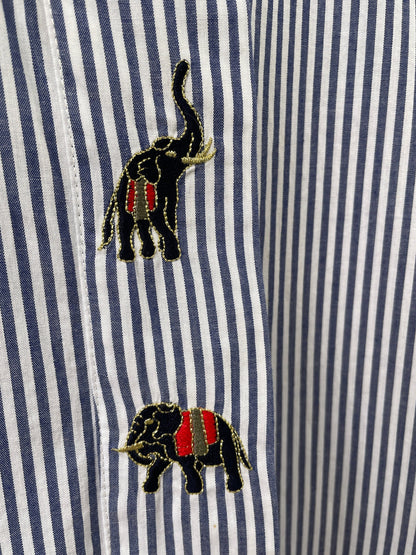 Vintage Blue Striped Cotton Blouse with Elephant Embroidery