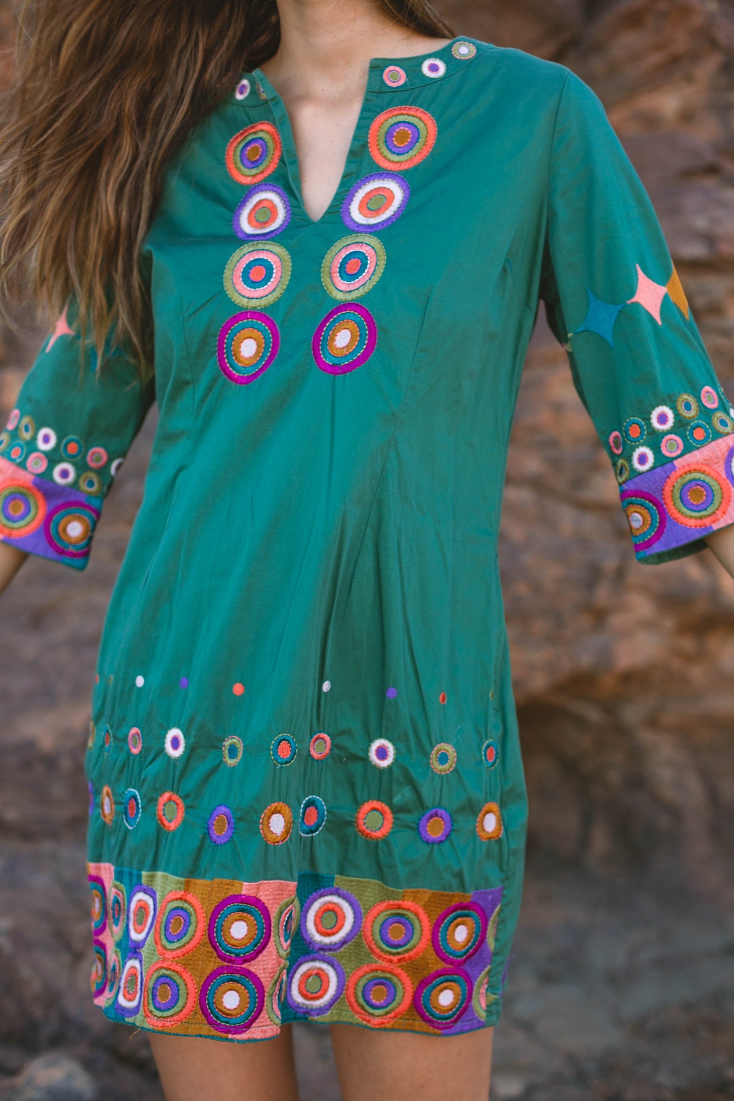 Dark green vintage Kurta, Sequin embroidered tunic, Boho festival outfit, Bohemian dress, Cute ethnographic mini dress