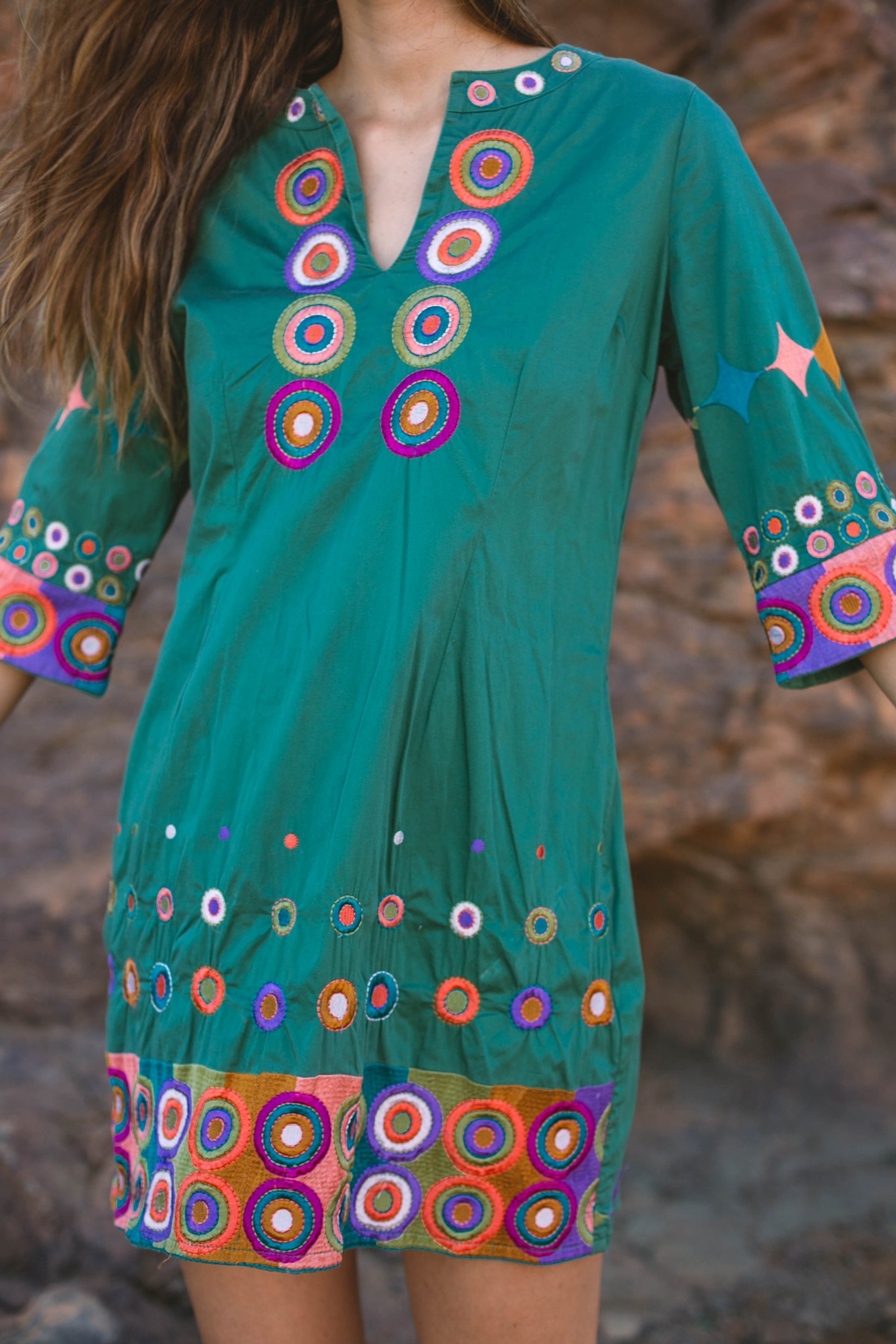 Dark green vintage Kurta, Sequin embroidered tunic, Boho festival outfit, Bohemian dress, Cute ethnographic mini dress