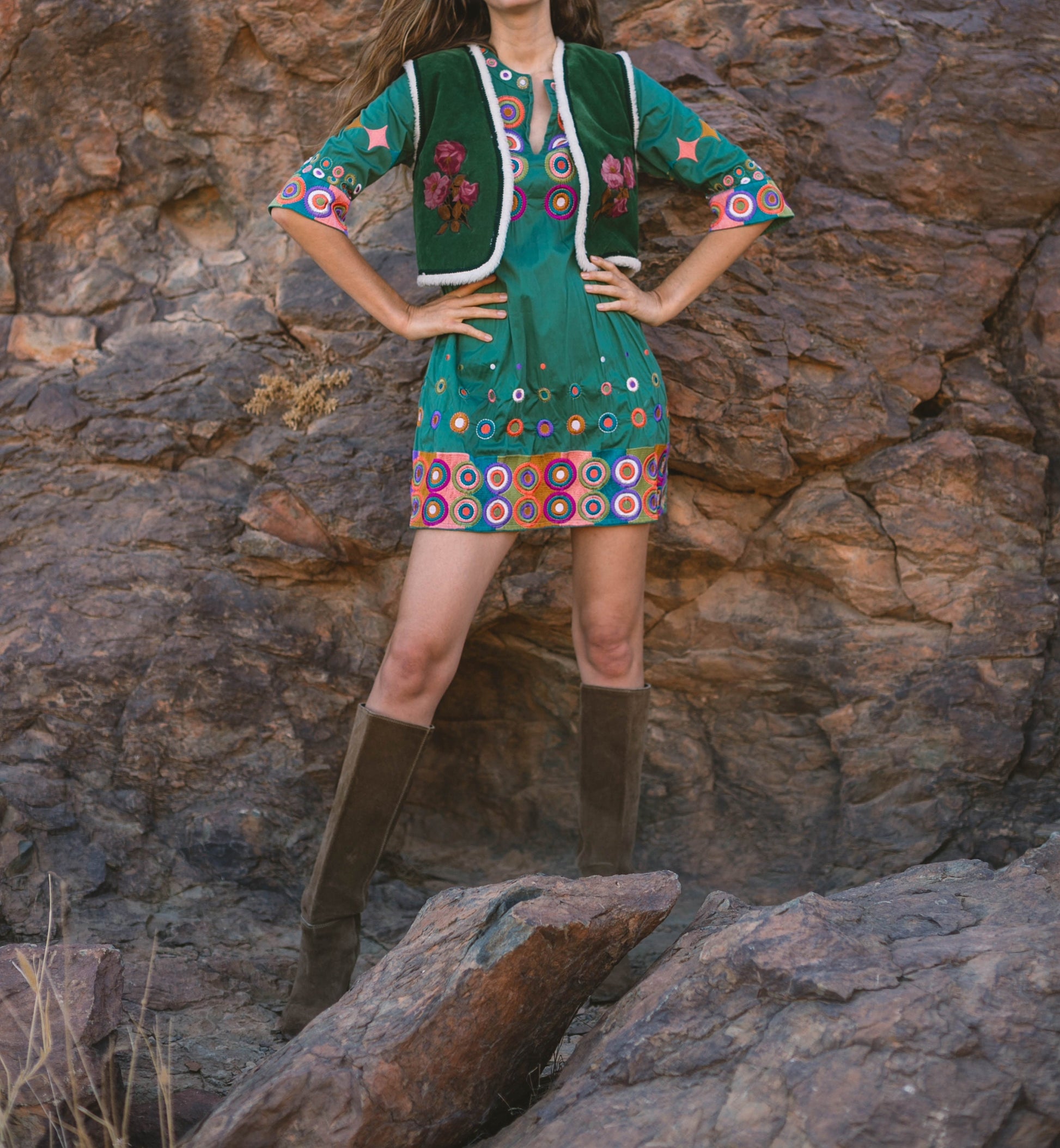 Dark green vintage Kurta, Sequin embroidered tunic, Boho festival outfit, Bohemian dress, Cute ethnographic mini dress