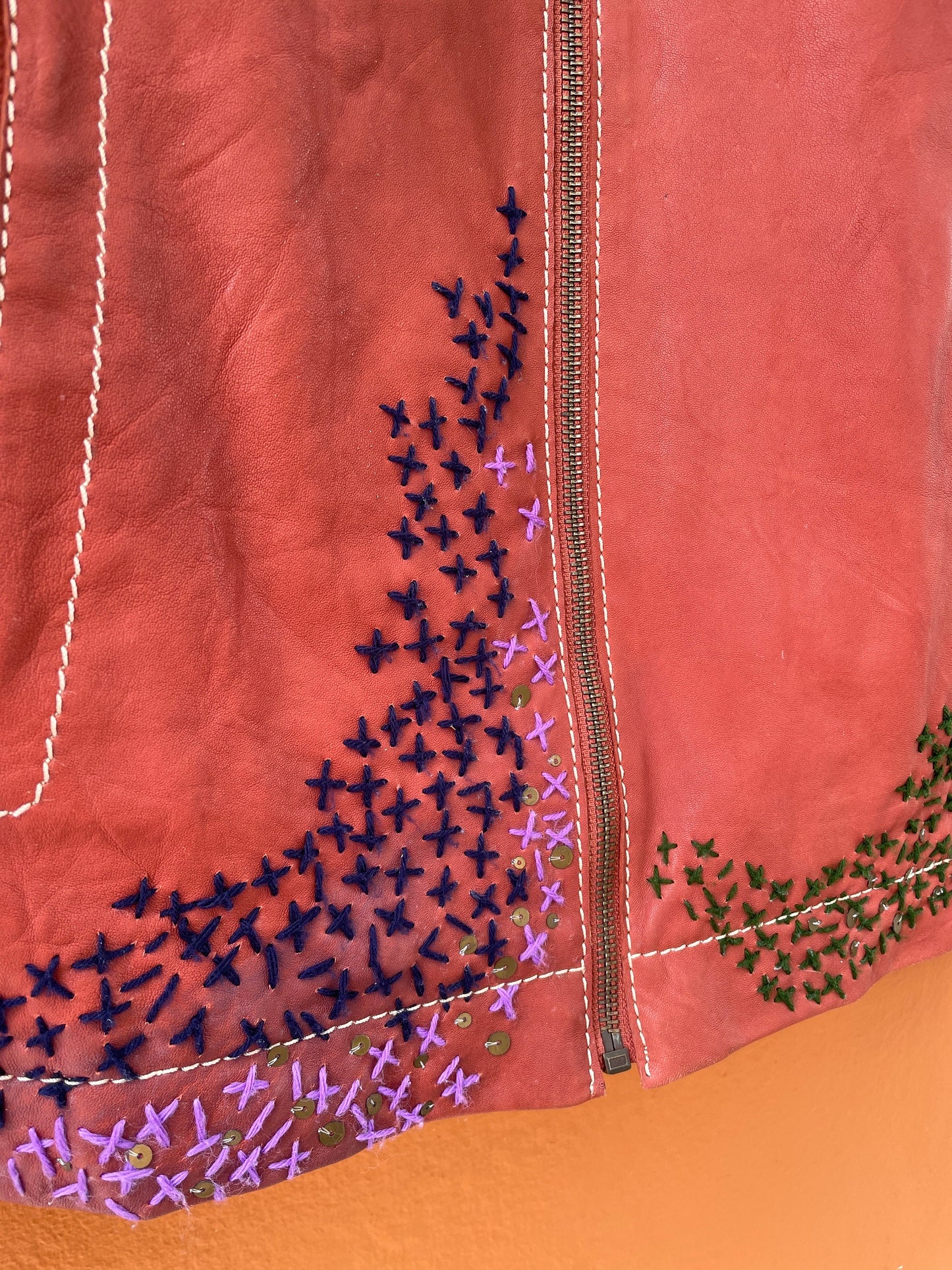 Red Leather Biker Jacket with Embroidery — additional view 6