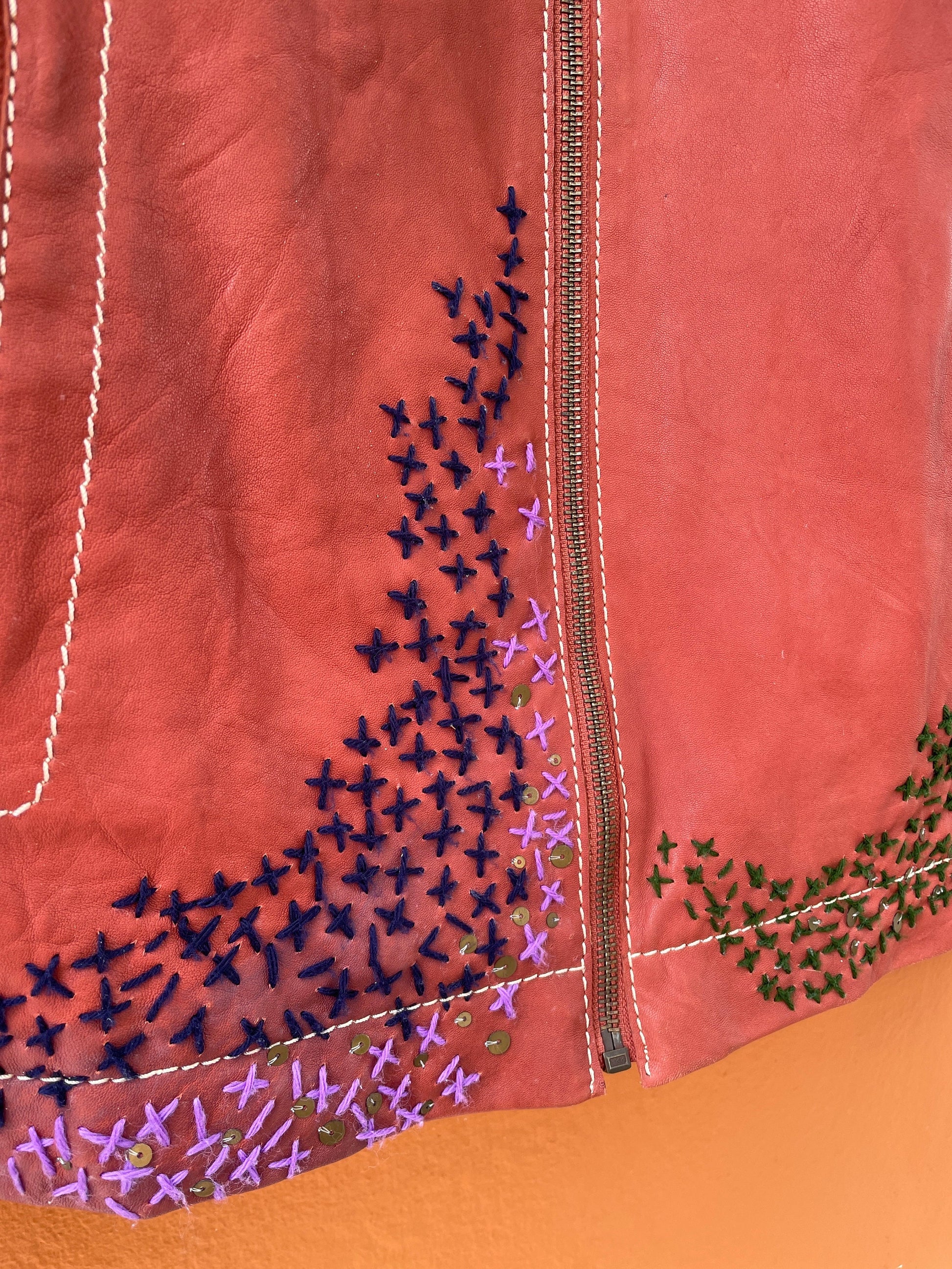 Red Leather Biker Jacket with Embroidery — additional view 6