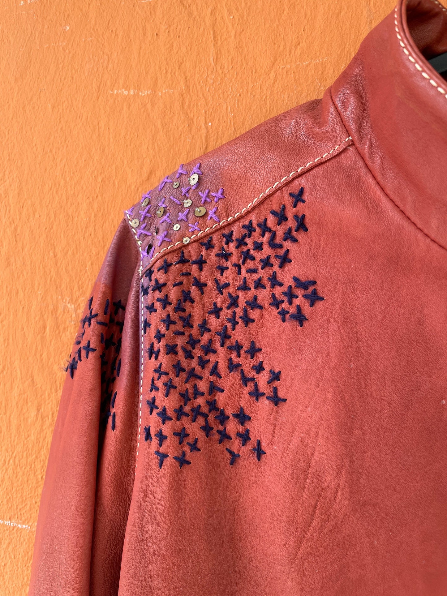 Red Leather Biker Jacket with Embroidery — additional view 7
