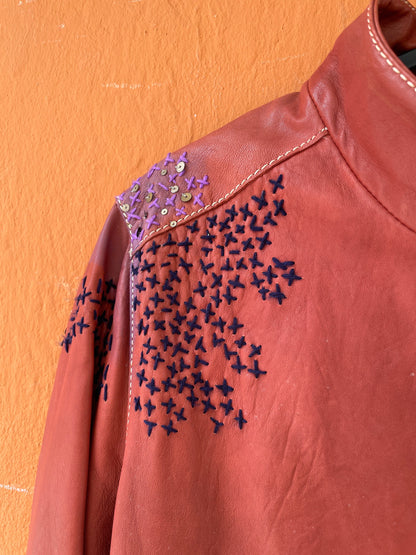 Red Leather Biker Jacket with Embroidery — additional view 7
