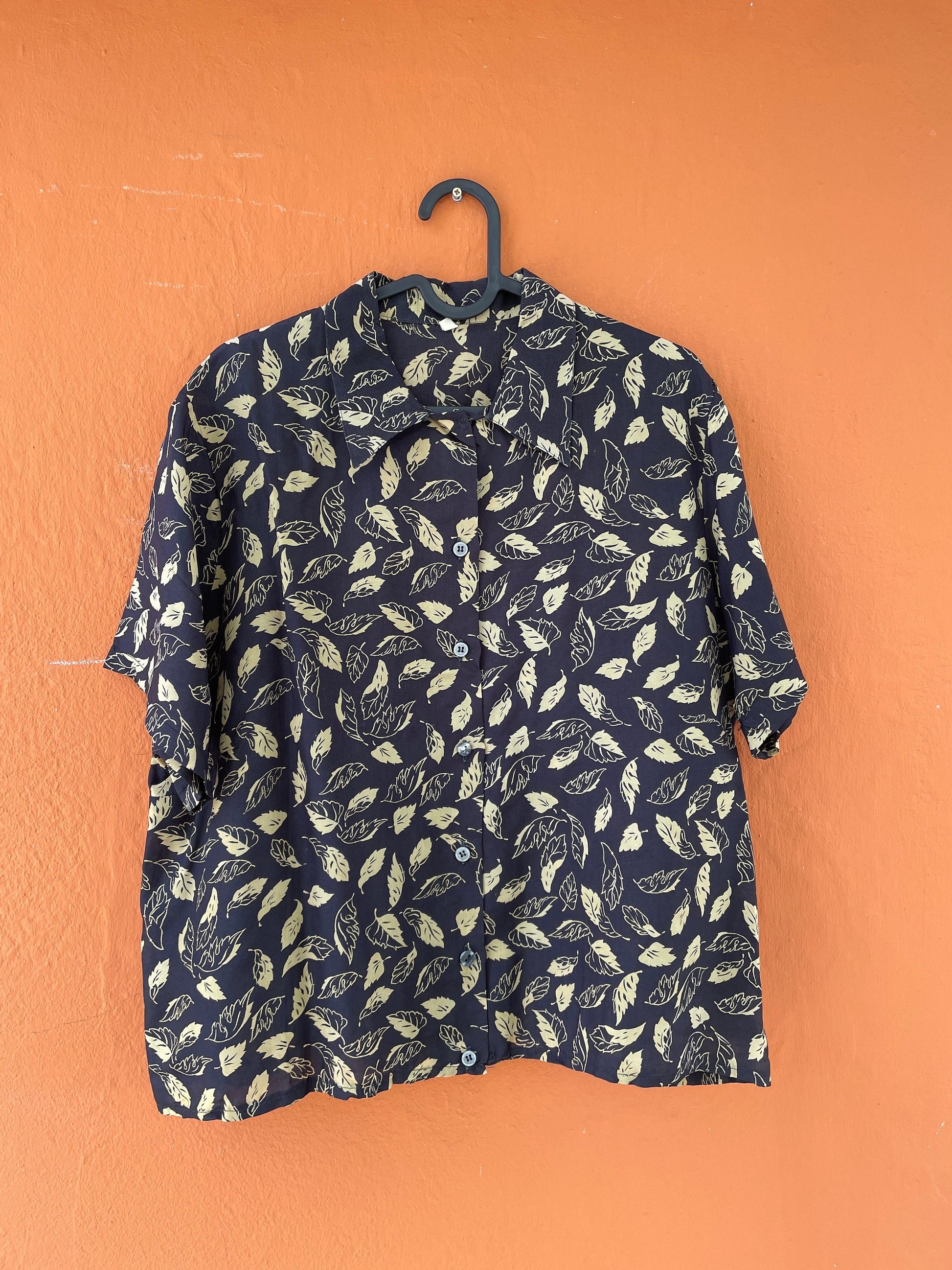 Vintage black patterned woman blouse, Collared retro shirt, Playful lightweight summer blouse, Retro 70s shirt