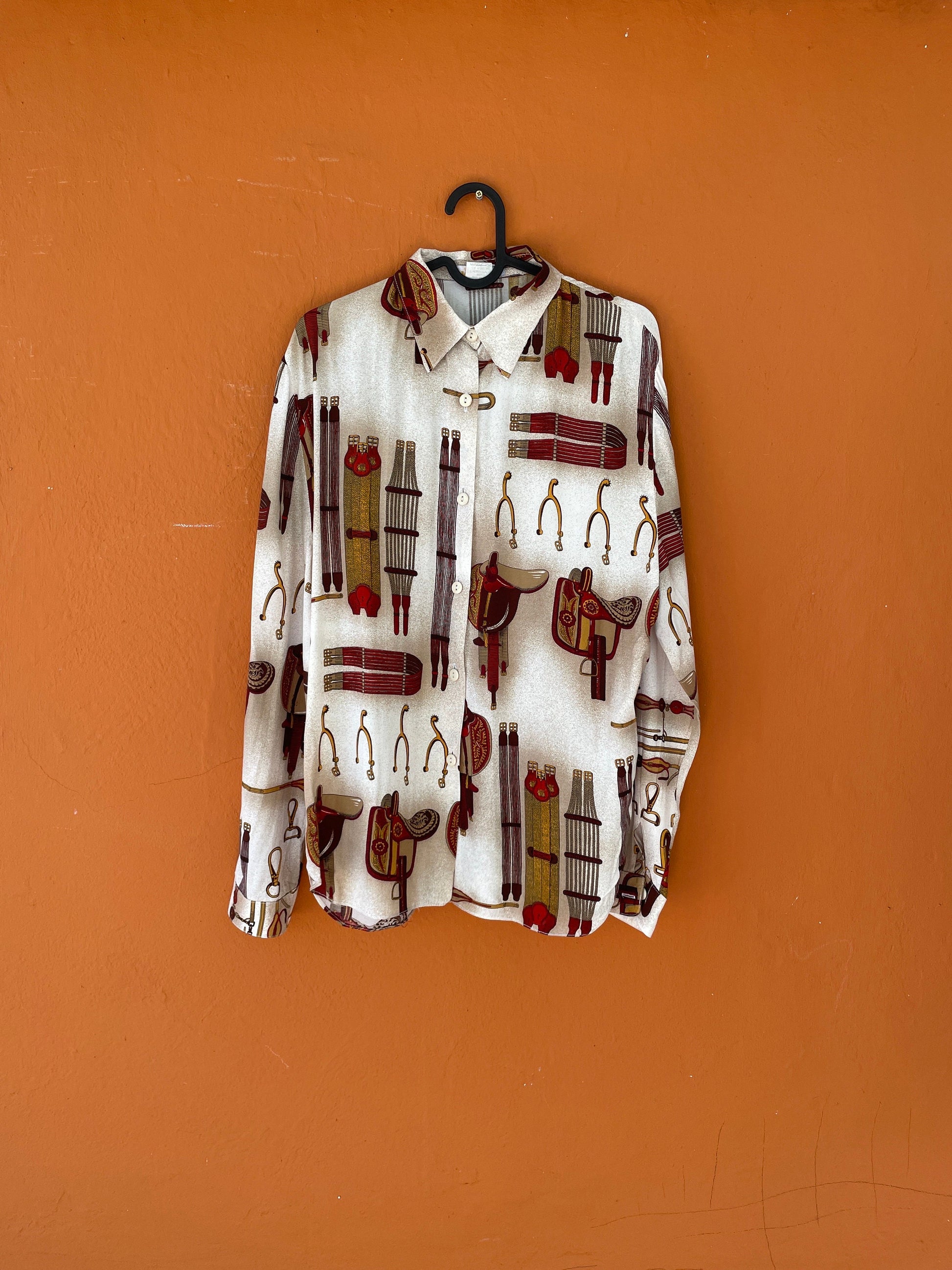 Vintage unique horse riding themed shirt, Chique club blouse, El Corte Ingles vintage woman oxford top, Horse lover birthday gift