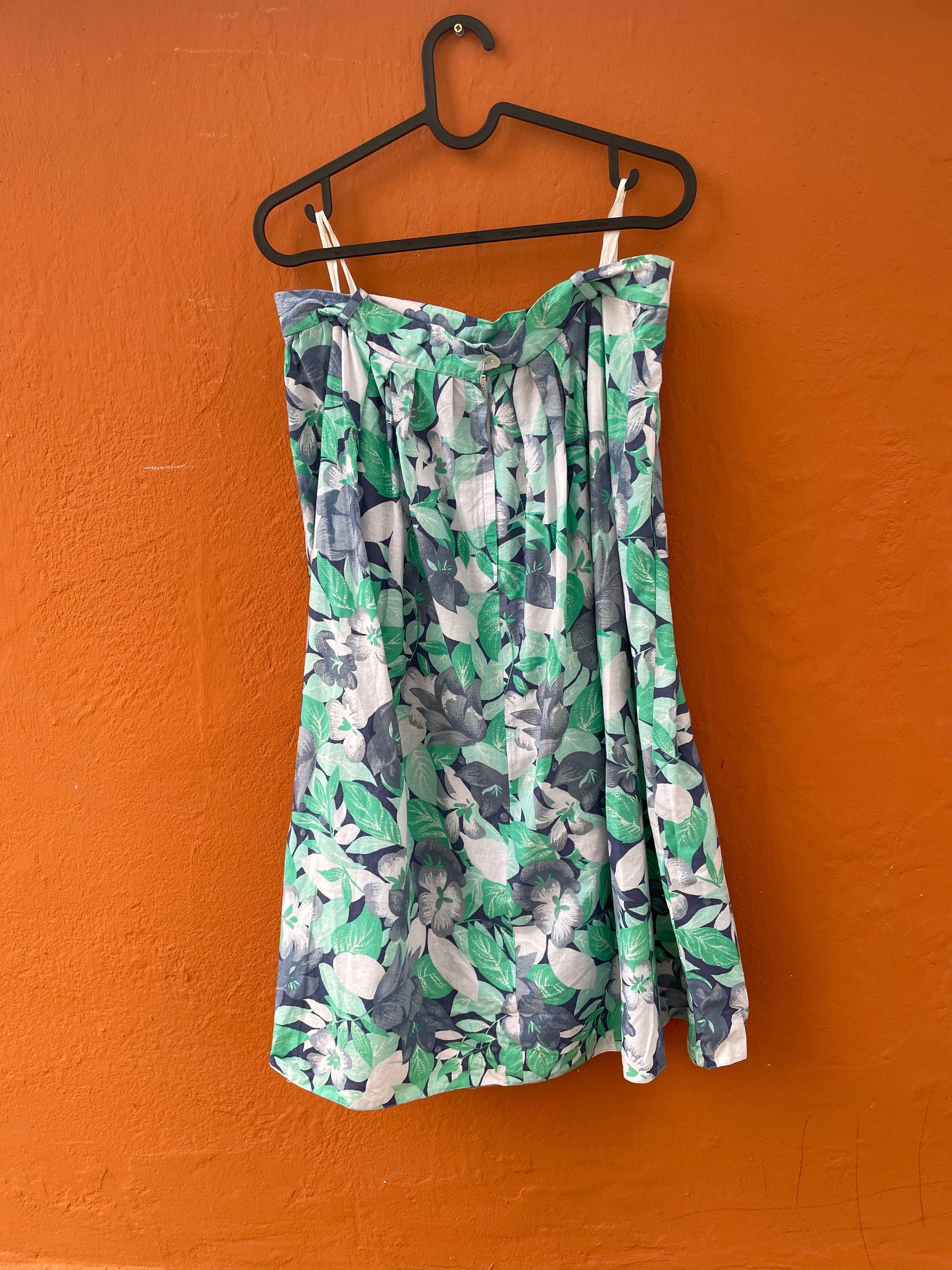 Vintage floral cotton midi skirt, Blue and green cottage core skirt, High rise summer outfit