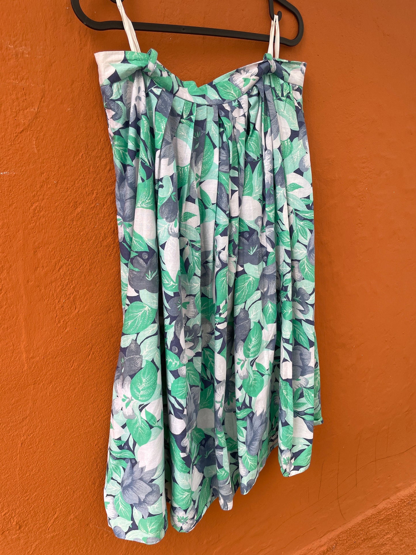 Vintage floral cotton midi skirt, Blue and green cottage core skirt, High rise summer outfit