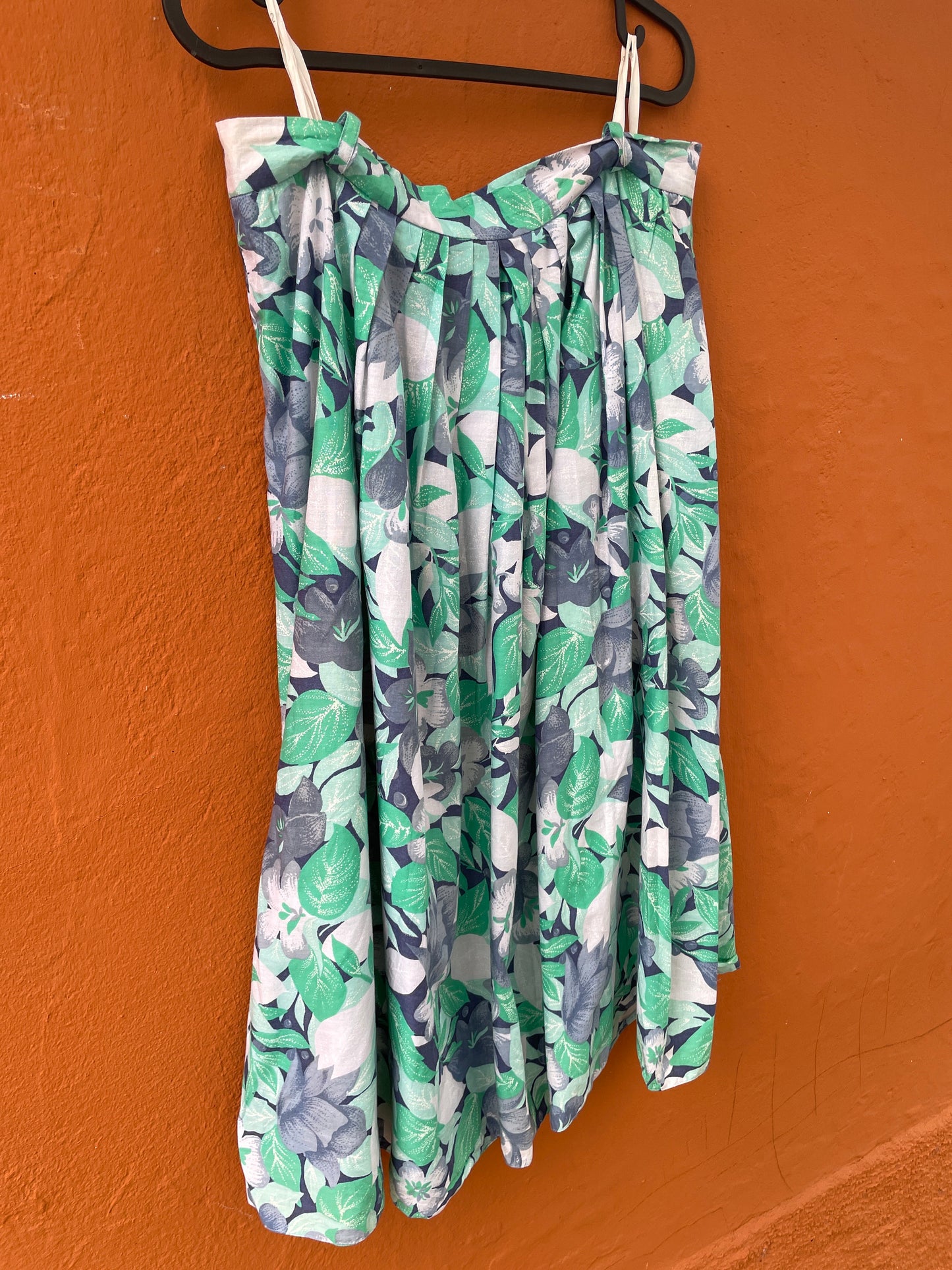 Vintage floral cotton midi skirt, Blue and green cottage core skirt, High rise summer outfit