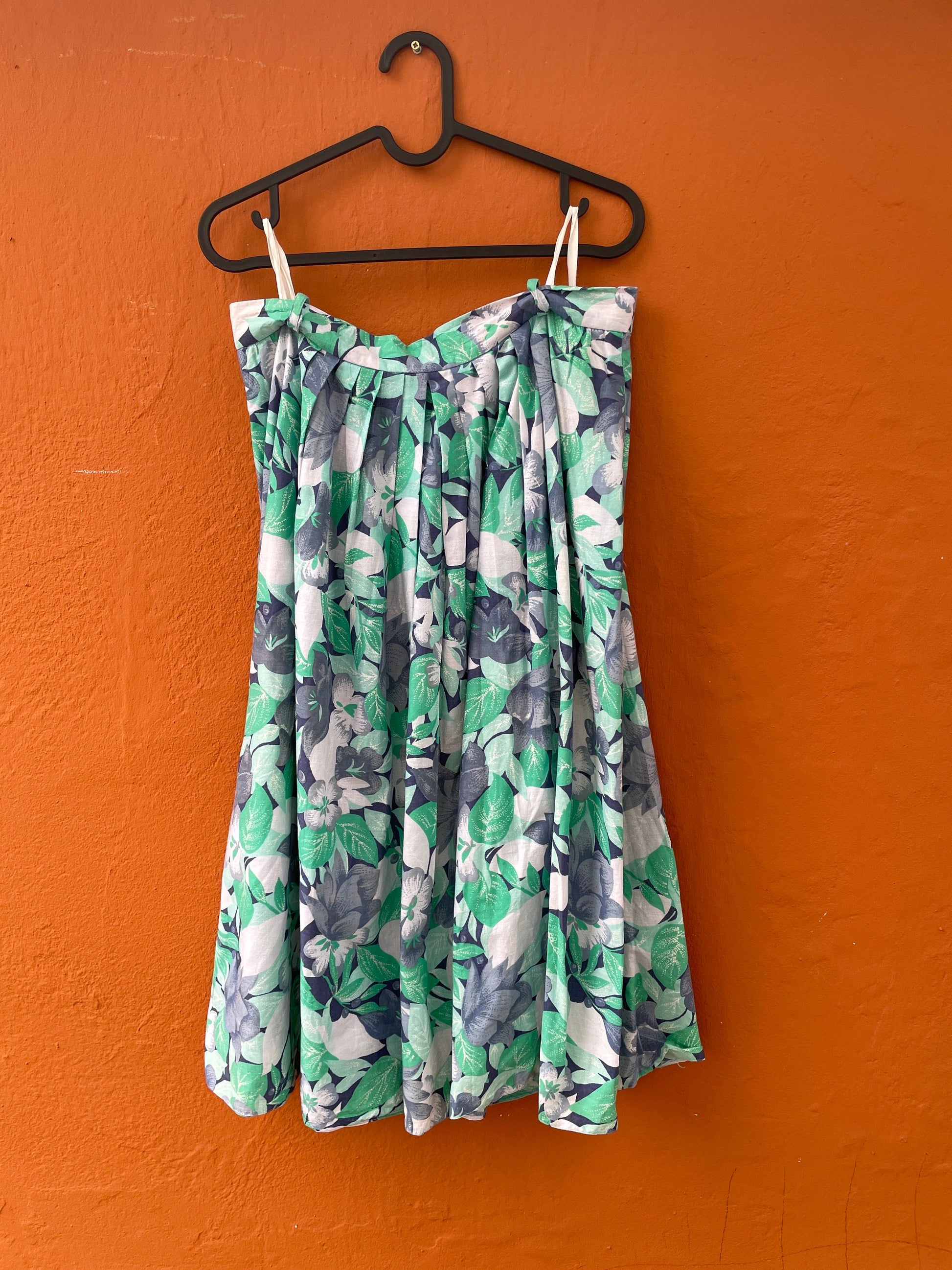 Vintage floral cotton midi skirt, Blue and green cottage core skirt, High rise summer outfit