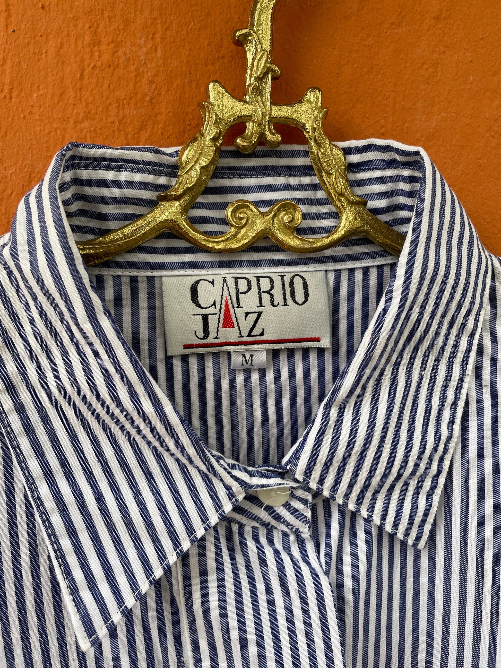 Elephant embroidered blue and white striped button up woman shirt, Vintage oxford shirt M