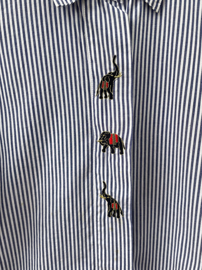 Vintage Blue Striped Cotton Blouse with Elephant Embroidery