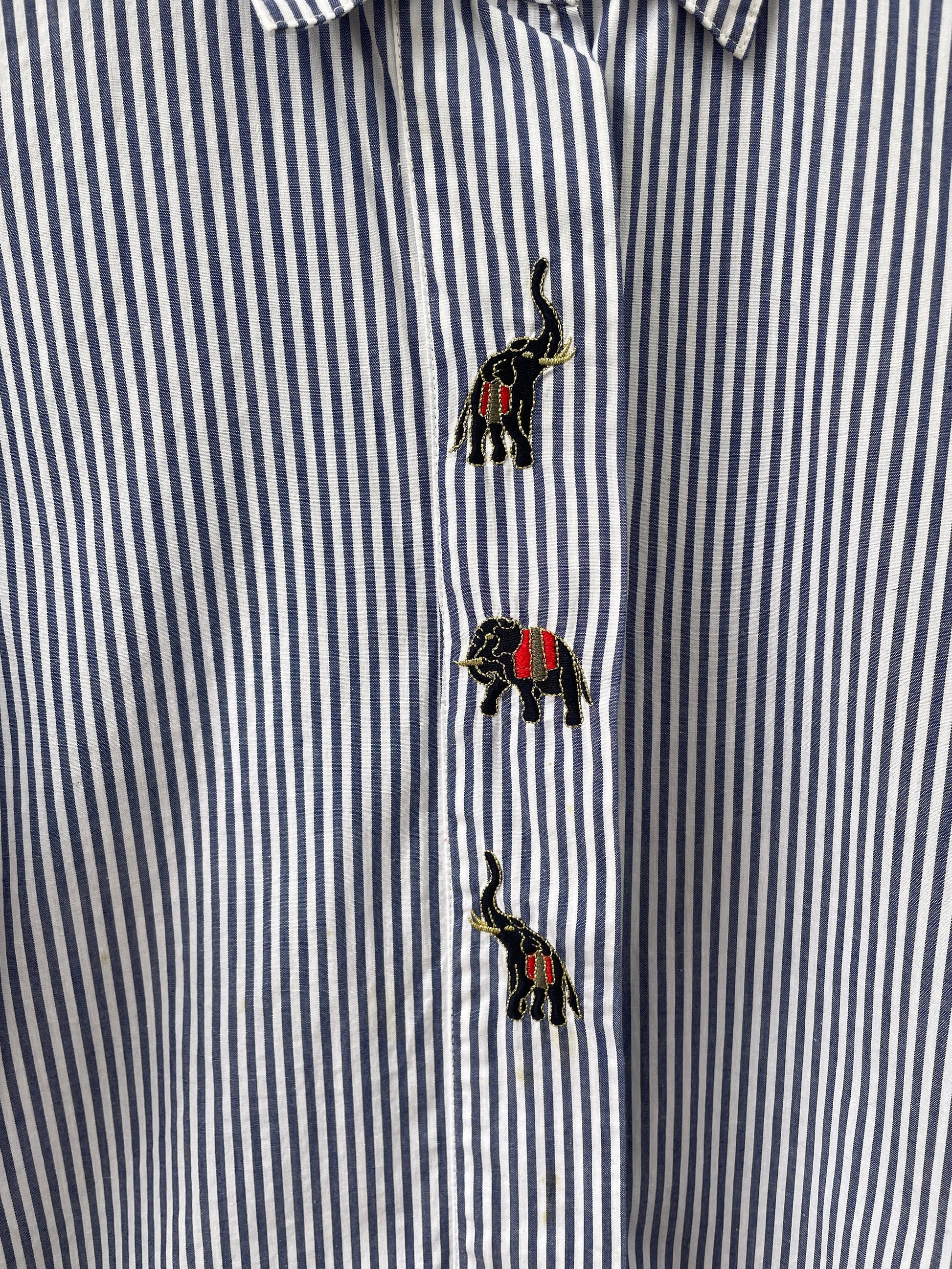 Elephant embroidered blue and white striped button up woman shirt, Vintage oxford shirt M
