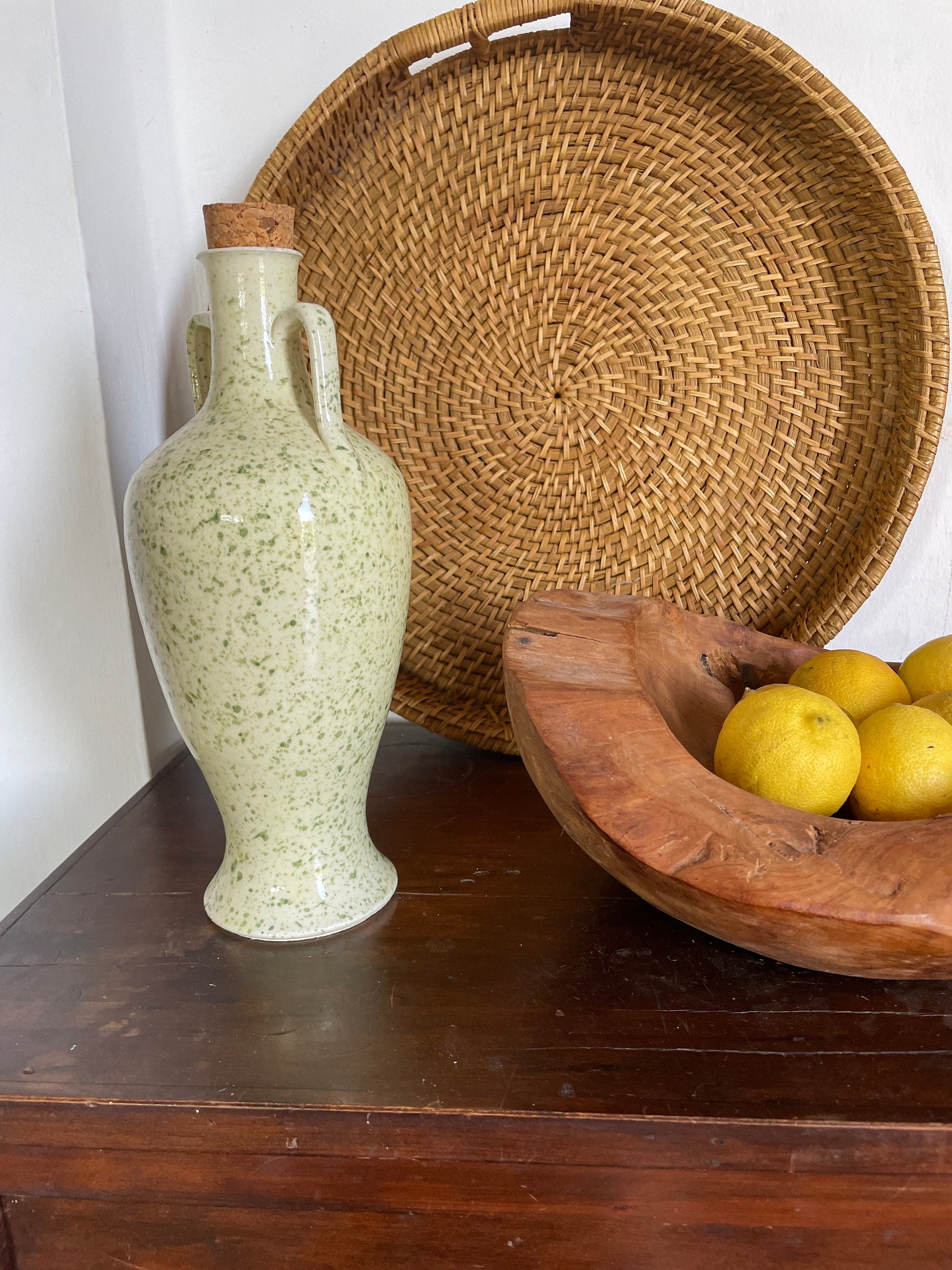 Vintage Green Speckled Oil Pitcher — back view