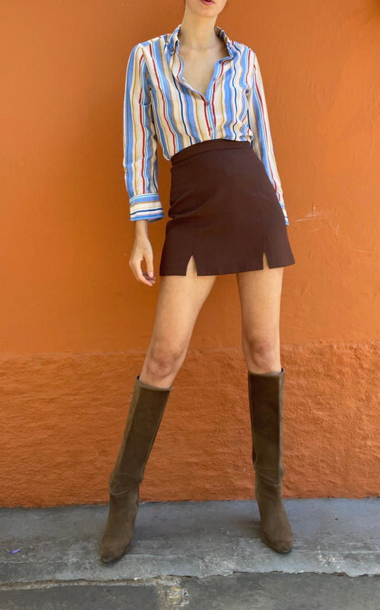 Vintage Striped Woman Blouse Long Sleeve 70s Retro Colourful Button Up Shirt Groovy French Style