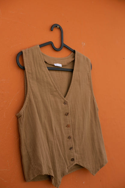 American Vintage Brown Cotton Waistcoat, Bohemian Summer Gilet