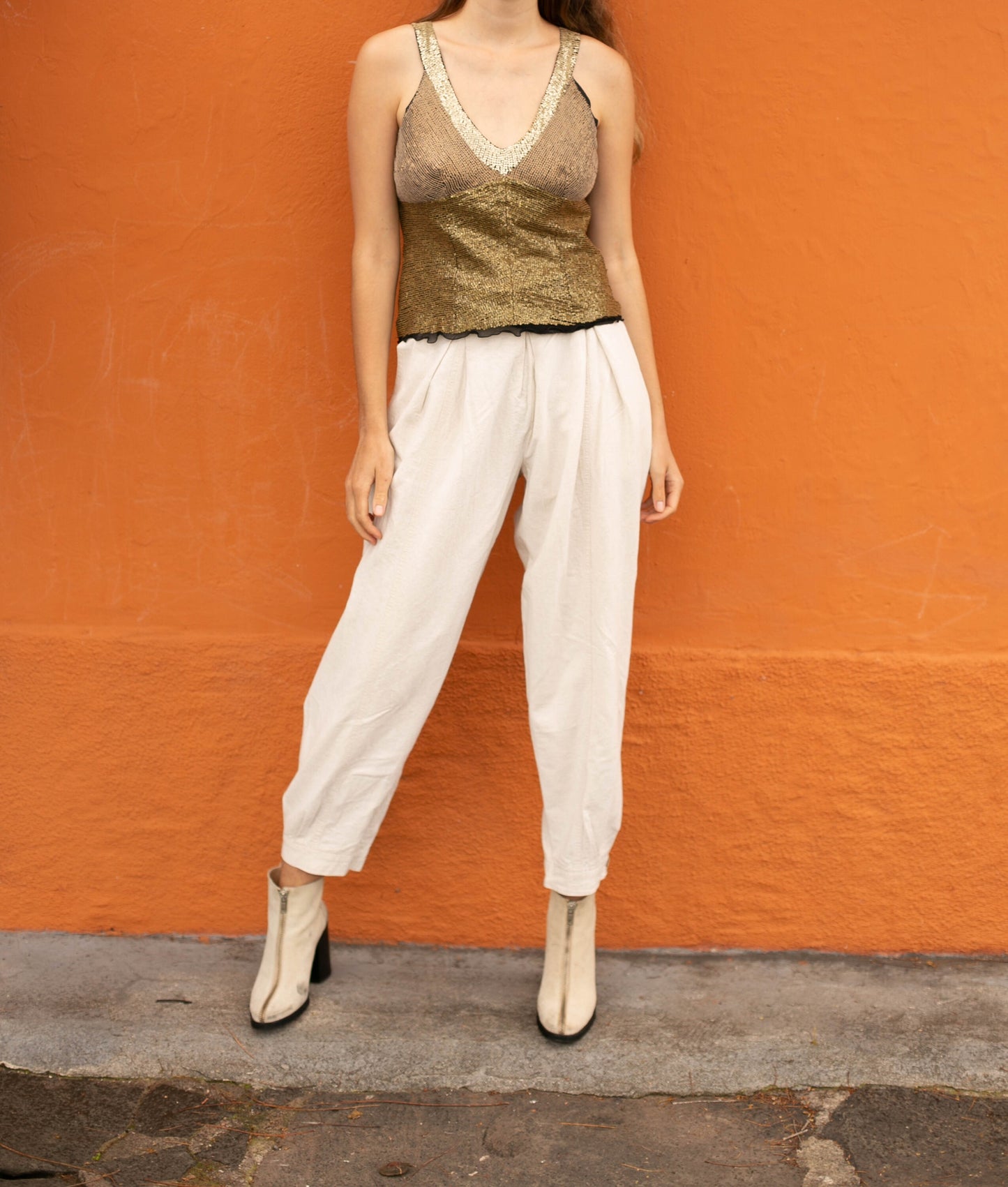 Gold sequin top with V neck, Christmas sparkly outfit, Festive Hoss homeless beaded tank top, Handmade festival top, Formal event tank, 38