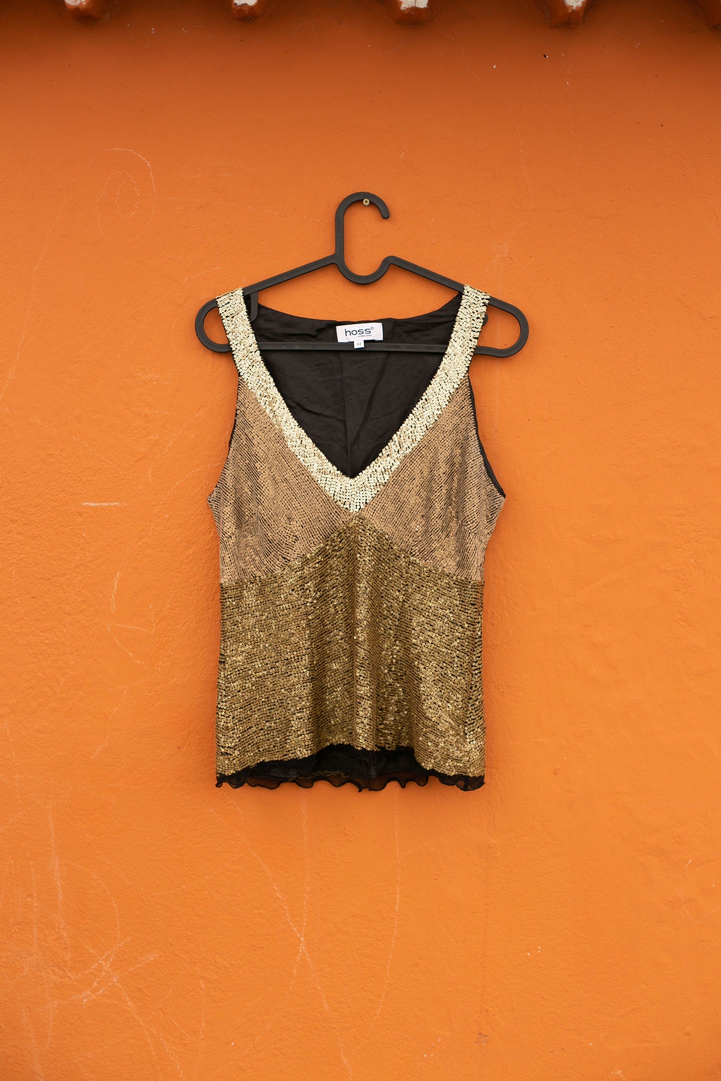 Gold sequin top with V neck, Christmas sparkly outfit, Festive Hoss homeless beaded tank top, Handmade festival top, Formal event tank, 38