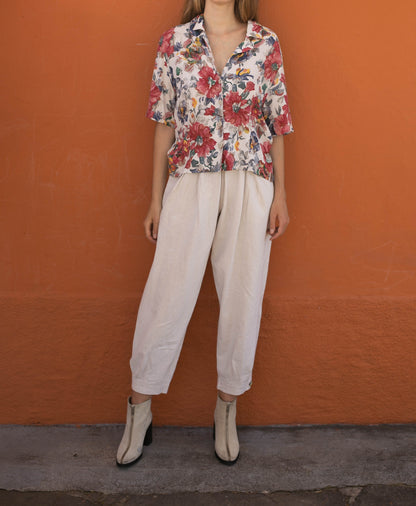 Vintage Floral Linen Blend Blouse — fabric close-up