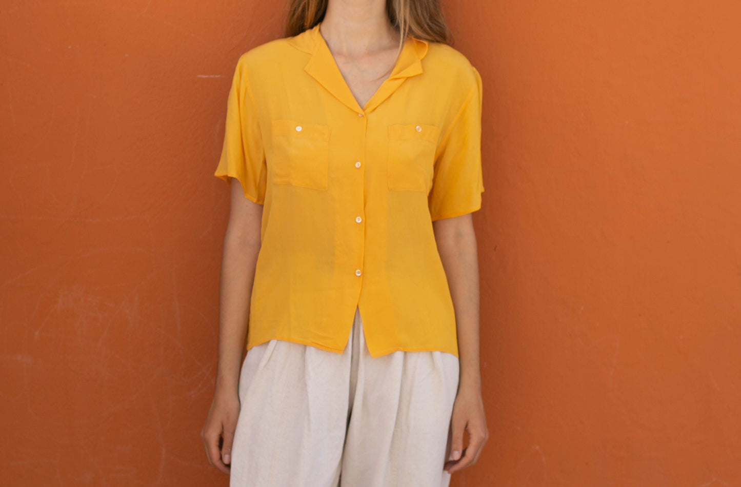 Silk vintage woman blouse in a curry yellow colour, Lightweight summer blouse, short sleeve shirt, Vintage clothing,