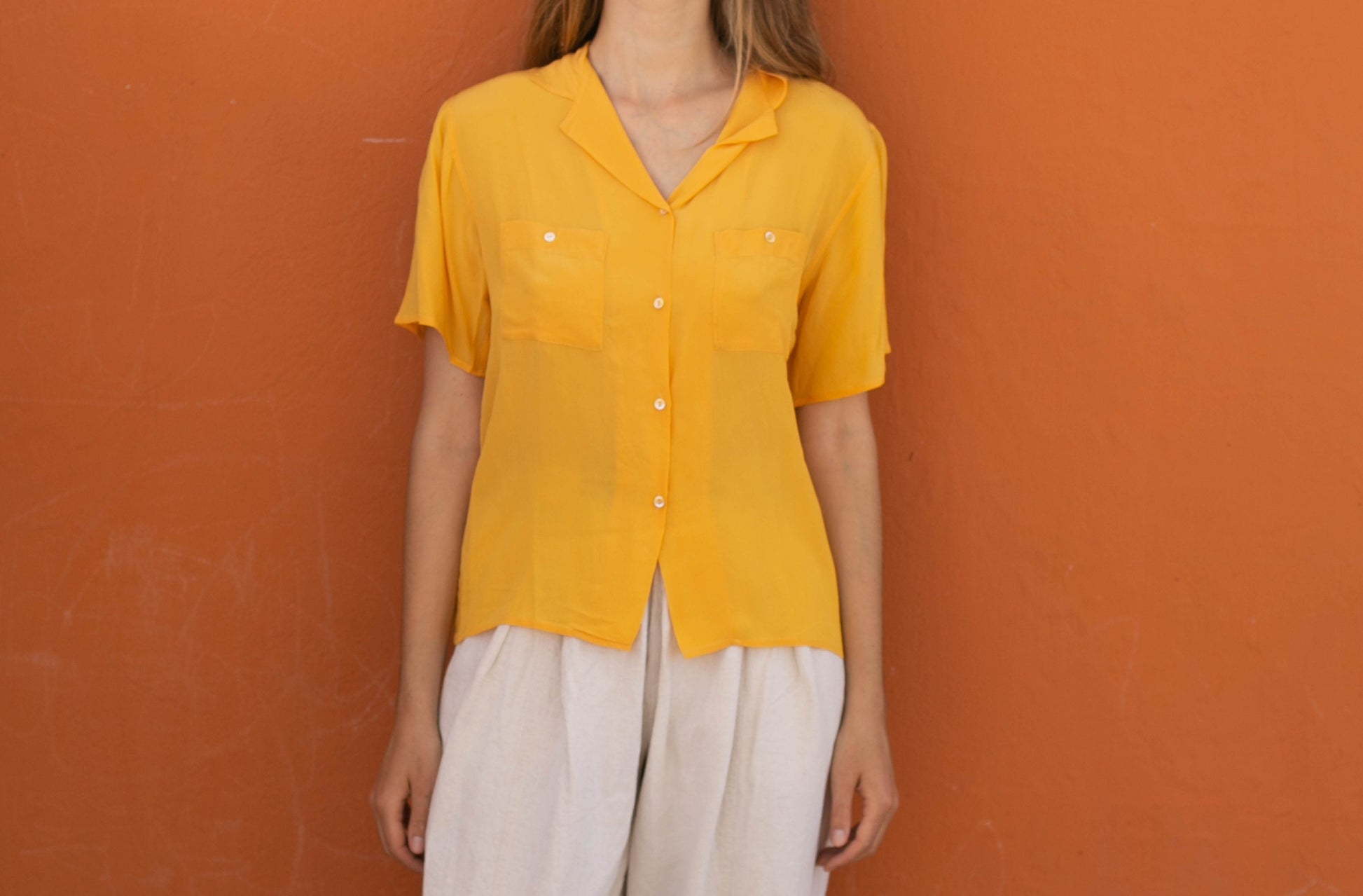 Silk vintage woman blouse in a curry yellow colour, Lightweight summer blouse, short sleeve shirt, Vintage clothing,